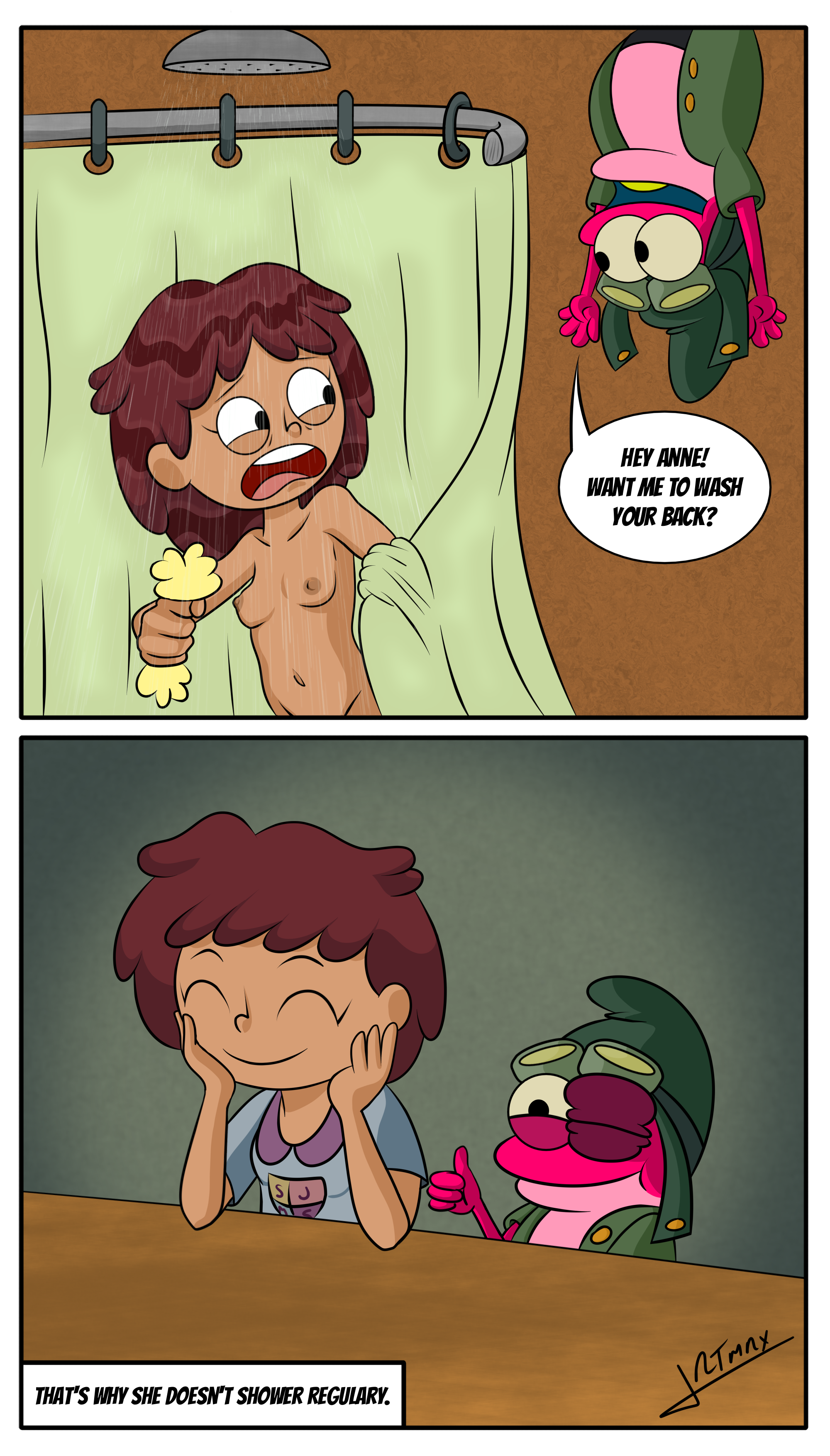 anne boonchuy, sprig plantar, amphibia, comic page, black eye, jrtmrx, punch, showering, sitting at table, small breasts, smiling, 