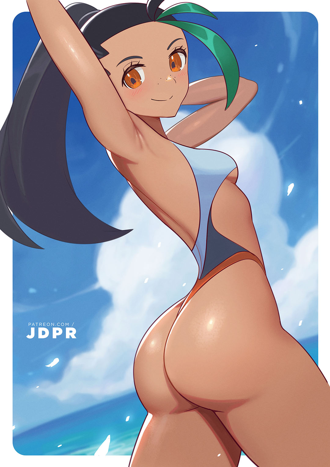 nintendo, 1girls, armpits, ass, big ass, black hair, blush, breasts, bubble butt, dark-skinned female, dark skin, green hair, jdpr, nemona (pokemon), orange eyes, pokemon, pokemon sv, ponytail, slim waist, smile, swimsuit, thin waist, wide hips, 