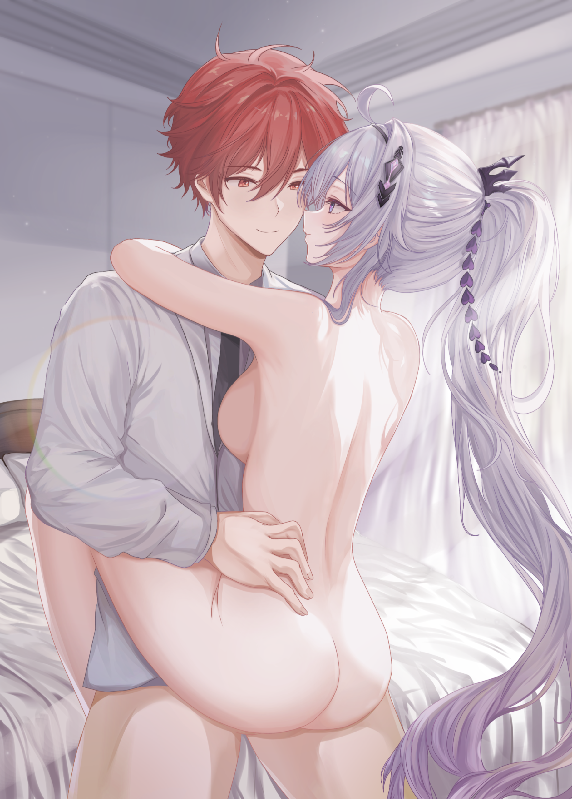 1boy absurdres ahoge ass bed blue_eyes breasts captain_(honkai_impact) clothed_male_nude_female clothed_sex commentary_request commission english_commentary female happy_sex heart highres honkai_(series) honkai_impact_3rd hug indoors kiana_kaslana kiana_kaslana_(herrscher_of_finality) leg_lock long_hair medium_breasts mixed-language_commentary nude pixiv_commission ponytail red_eyes red_hair sex shirt standing standing_leg_lock standing_sex straight very_long_hair welo white_hair white_shirt