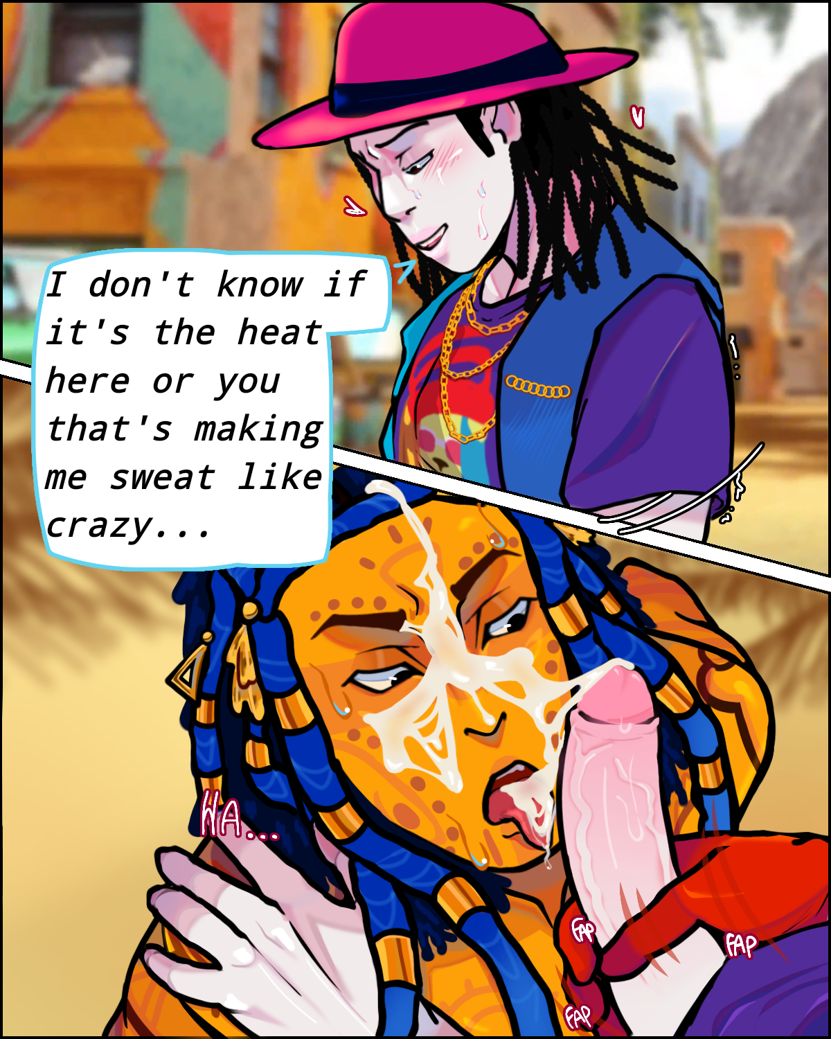 kaapu body_paint cum_on_face cumming dreads exhibitionism fully_clothed in_public just_dance just_dance_2022 just_dance_2023 male masturbation neon_shaman_(just_dance) penis penis_on_face pink_hat stell_(just_dance) sua_cara_(just_dance_2022) sweating text text_bubble tongue tongue_out ubisoft watch_out_for_this_(just_dance_2023) yellow_skin