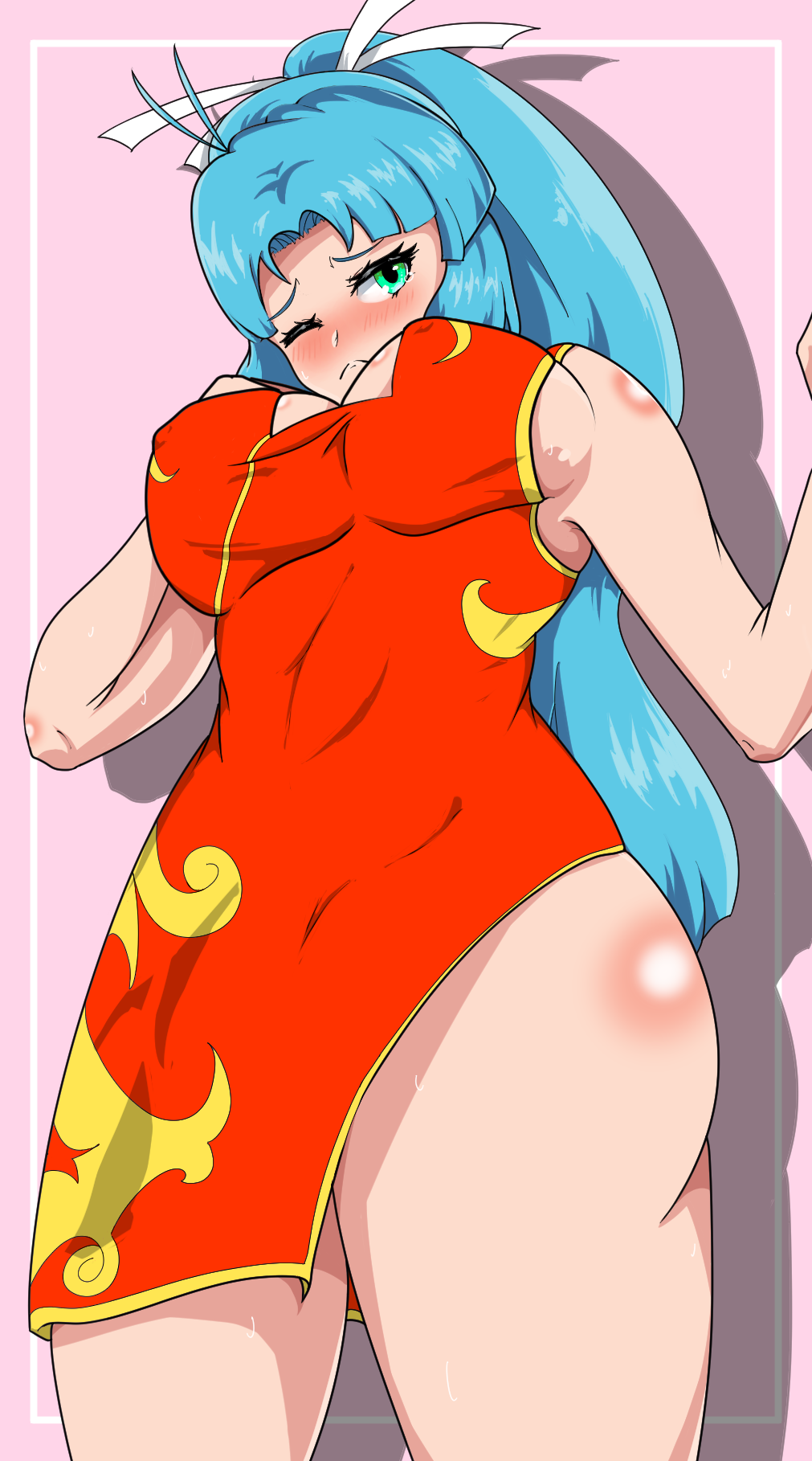 camelot, codenamedeepthroat, mia, mia (golden sun), golden sun, nintendo, 1girls, blue hair, blush, blushing, chinese clothes, chinese dress, embarrassed, female only, frown, green eyes, hair ribbon, hair tie, large breasts, long hair, no bra, one eye closed, ponytail, solo, sweat, tears, thick, thick thighs, very long hair, wince, 