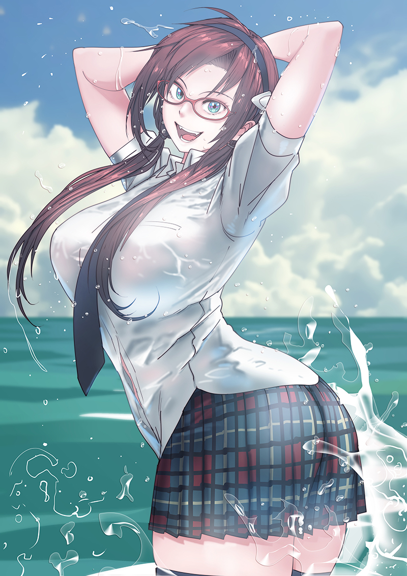 butcherboy, makinami mari illustrious, neon genesis evangelion, rebuild of evangelion, arms behind head, ass, big breasts, brown hair, cute, fangs, glasses, happy, looking at viewer, school uniform, schoolgirl, sweet, thighs, water, wet, wet clothes, 
