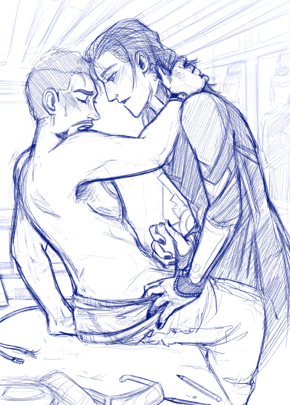 loki (marvel), tony stark, marvel, aquafolie, closed eyes, dominant male, foreheads touching, gay, gay domination, handjob, iron cross, jerkingoff another, leaning back, leaning forward, male, male/male, male only, open mouth, shirtless, submissive male, yaoi, 