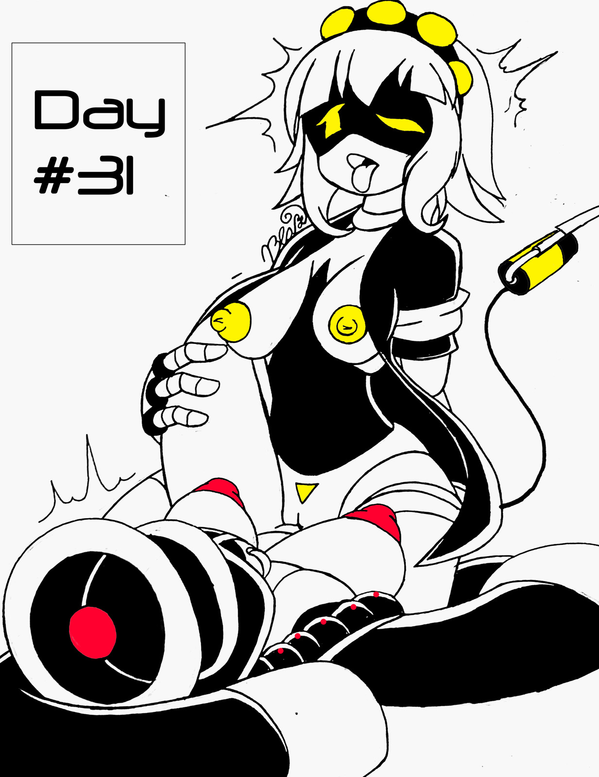 original character, original characters, artist signature, near monochrome, self upload, 2023, 2girls, blazerona, breasts, duo, duo female, duo focus, hat, jacket, jiangshi, junko (blazerona), large breasts, long sleeves, murder drones, naked, naked female, nipples, ponytail, pussy, robot, robot girl, robot humanoid, robot joints, short hair, small breasts, tail, tongue, tongue out, yellow eyes, yuri, 