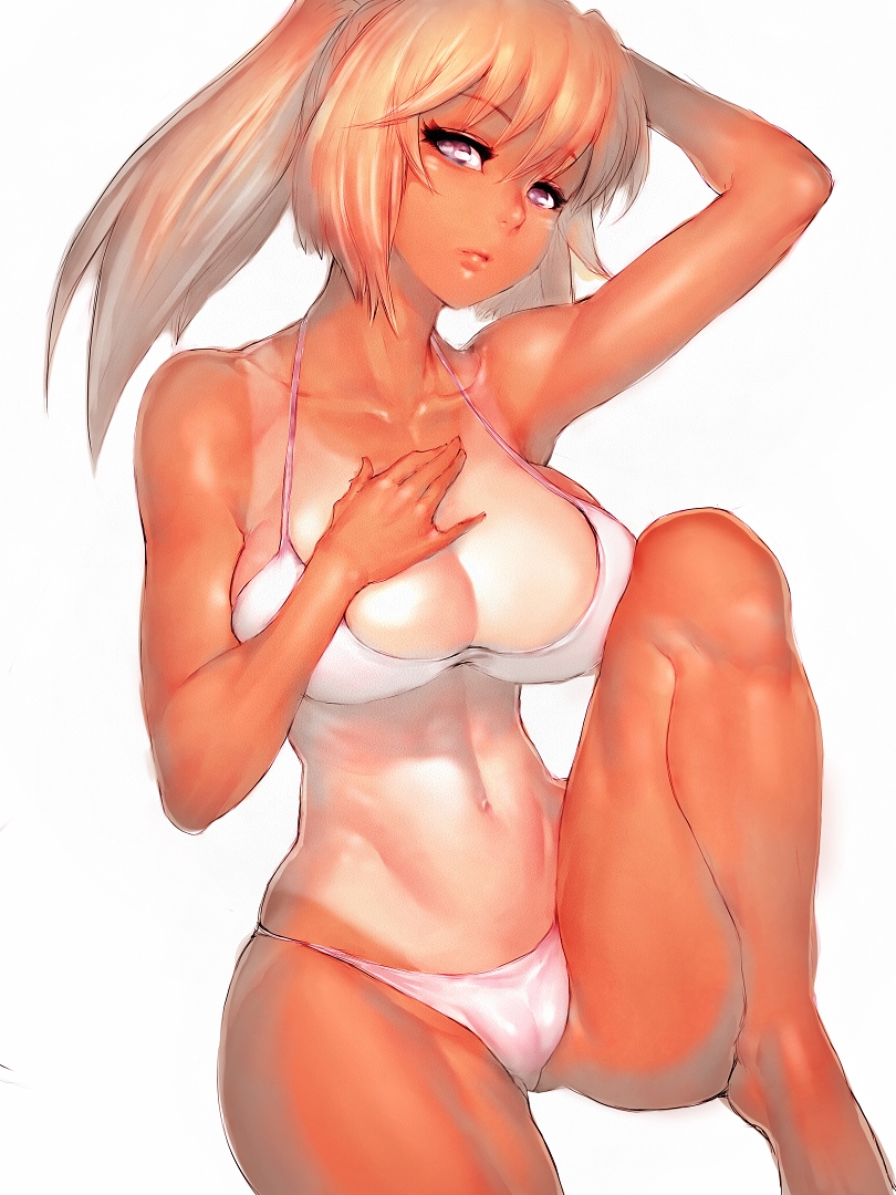 fumio (rsqkr), big breasts, bikini, breasts, cleavage, dark-skinned female, dark skin, female, female only, large breasts, looking at viewer, solo, 