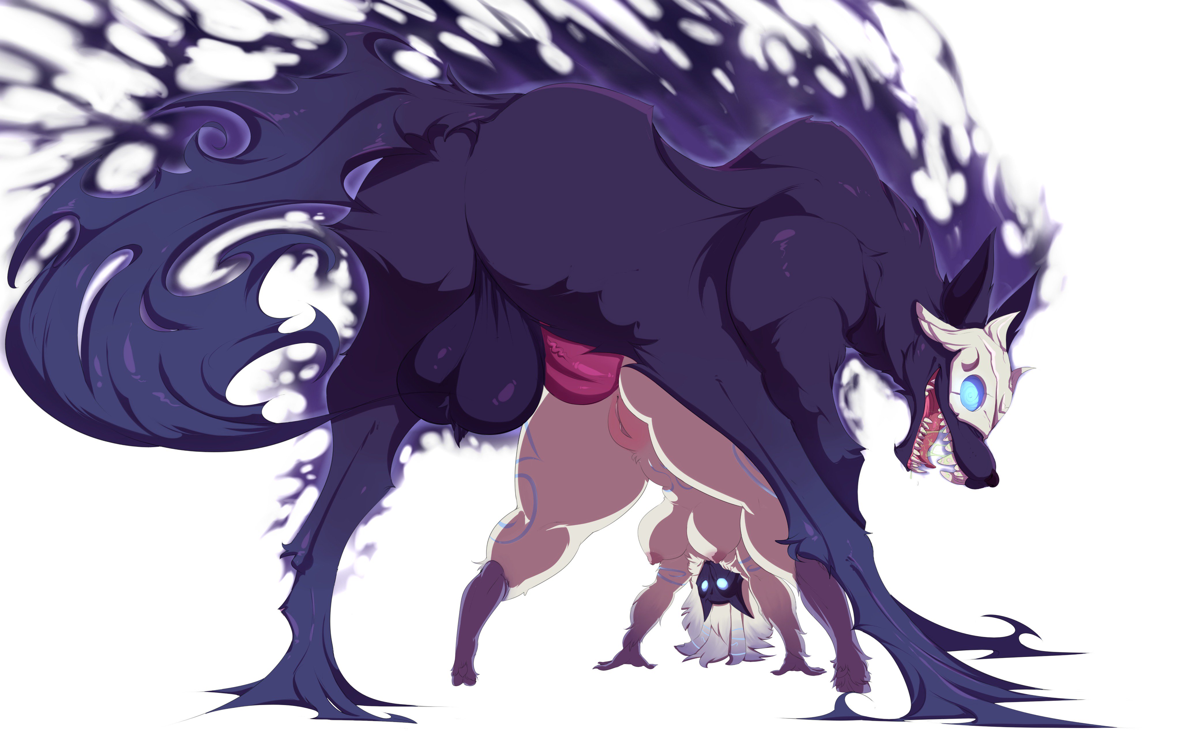 riipley, kindred, lamb (league of legends), wolf (league of legends), league of legends, riot games, absurd res, hi res, simple background, white background, all fours, anal, anal sex, anthro, anthro on feral, ass, backsack, balls, big balls, big breasts, big dom small sub, big penis, bovid, breasts, canid, canine, caprine, doggy style, duo, erection, female, female on feral, female penetrated, feral, from behind position, glowing, glowing eyes, larger male, male, male penetrating, mammal, mask, nipples, nude, open mouth, penetration, penis, pussy, sex, sheep, size difference, straight, thick thighs, tongue, video games, zoophilia, 