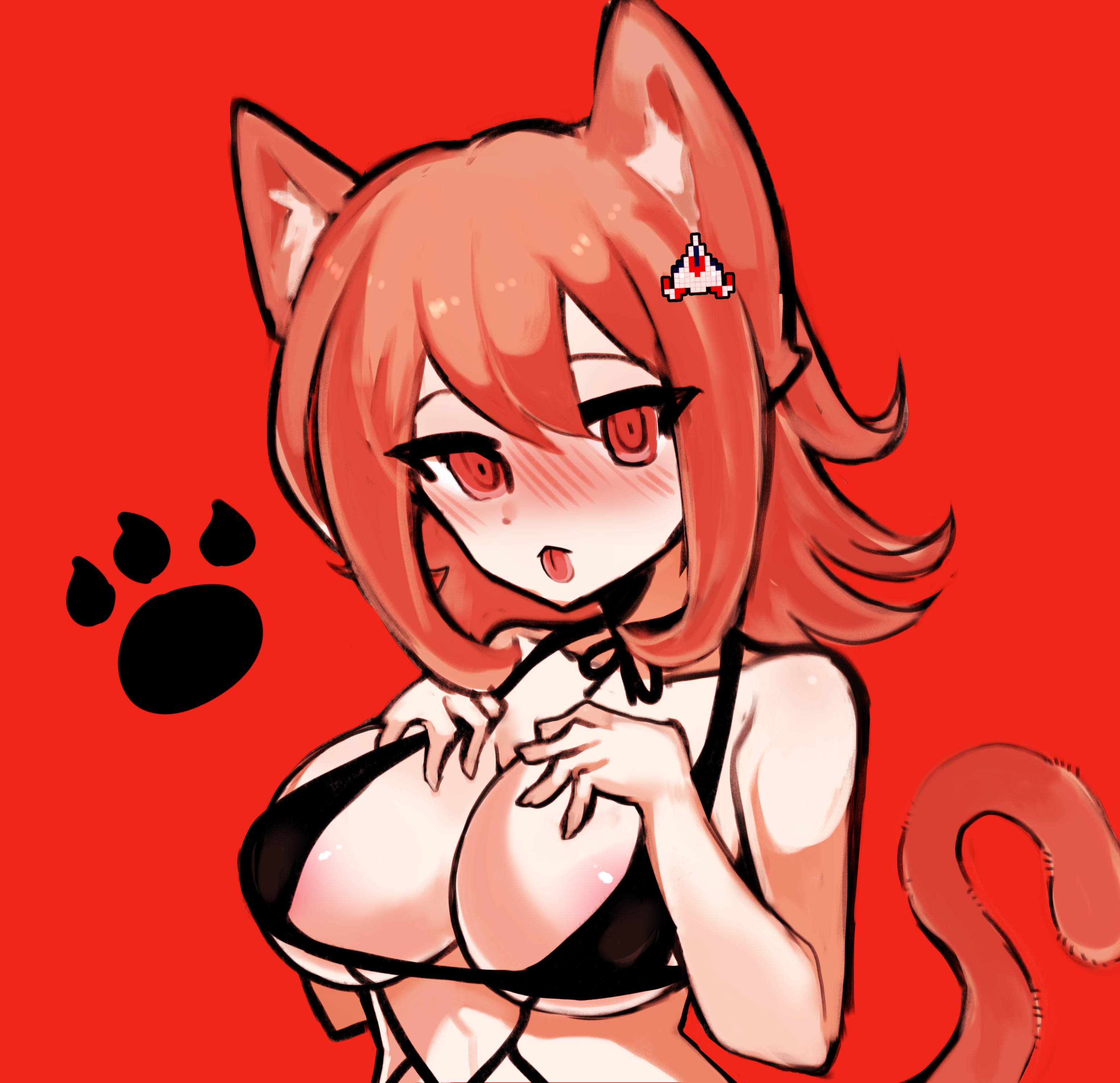 ssue12, nanami chiaki, danganronpa, danganronpa 2: goodbye despair, super danganronpa 2, red background, tagme, big breasts, black bra, blushing, cat ears, cat tail, catgirl, female, looking at viewer, red eyes, solo, tongue out, 