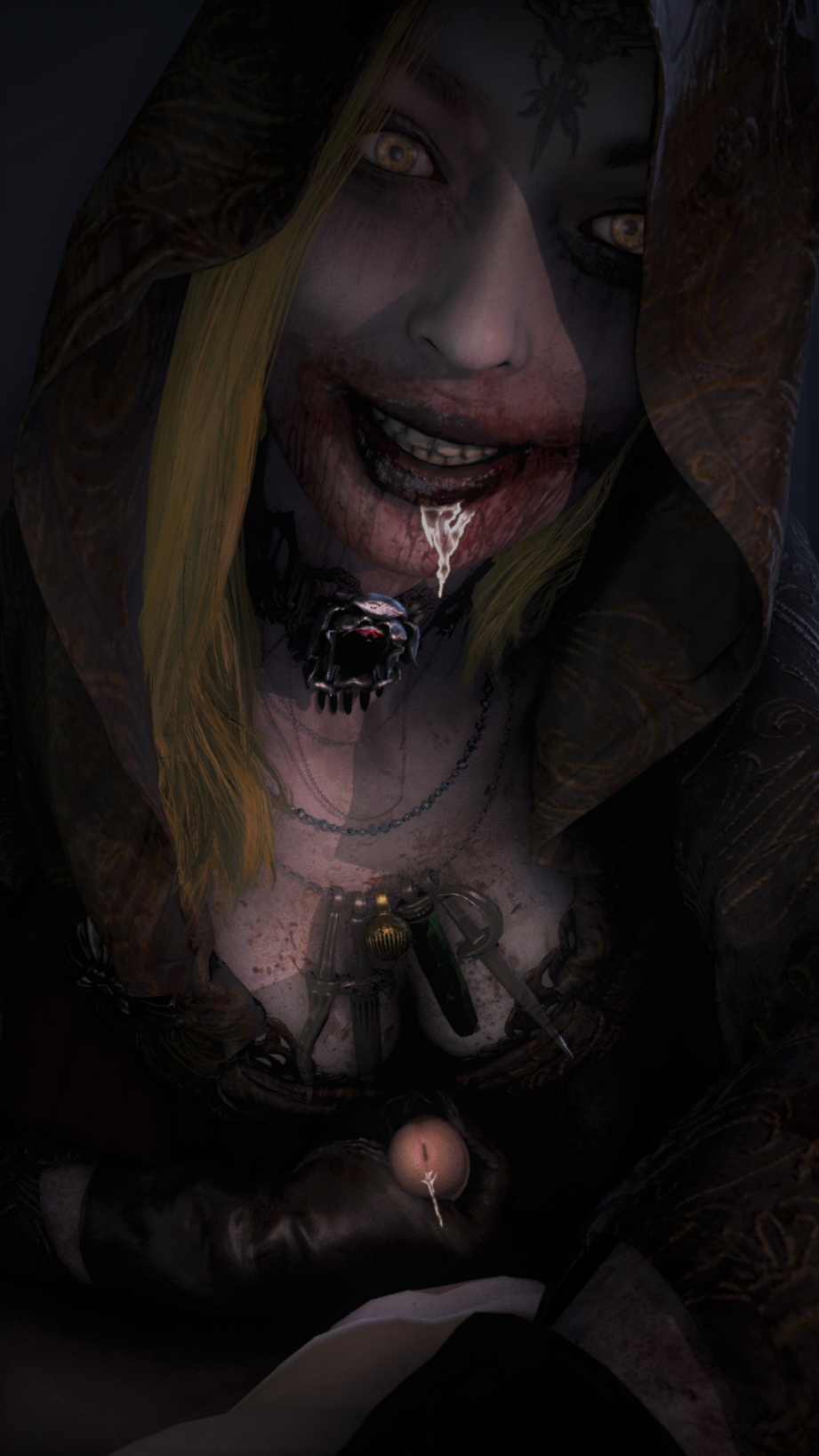 sfm, source filmmaker, bela (resident evil), cum on face, poster, pov, resident evil 8: village, smiling at viewer, 