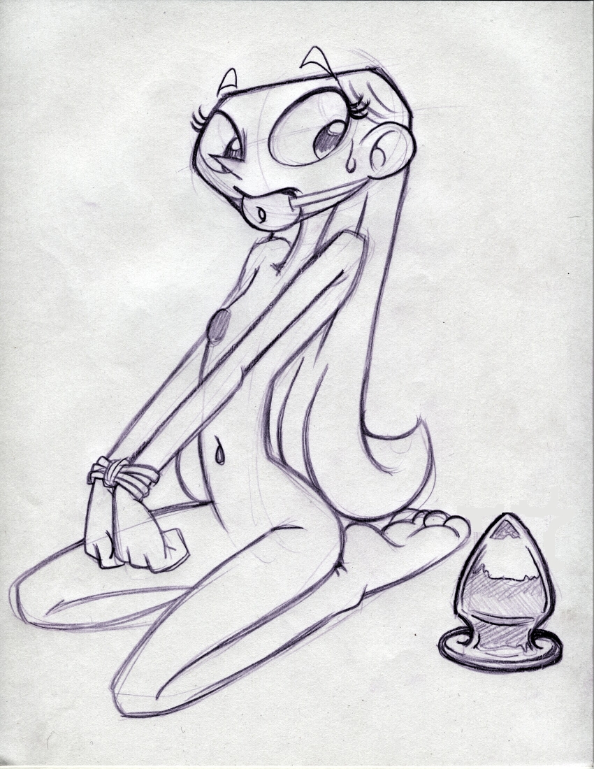 king-cheetah, cartoon network, monochrome, bondage, butt plug, female, female only, gag, gagged, human, nipples, solo, 
