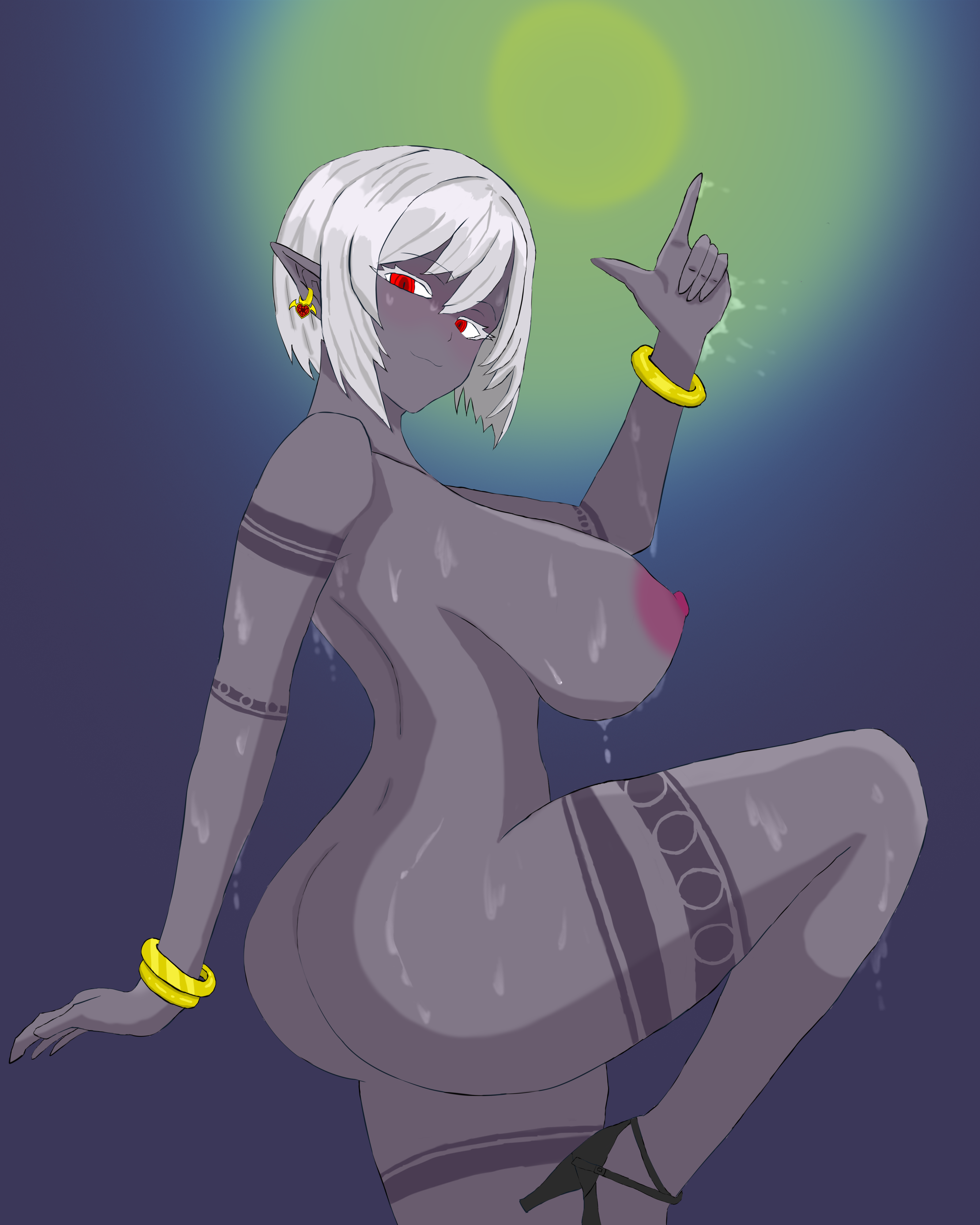 ass breasts breasts_bigger_than_head breasts_out breasts_outside dancer dancer_class dancer_outfit dark_elf dark_skin female looking_at_viewer mr302ss2 nipples nude solo sweat