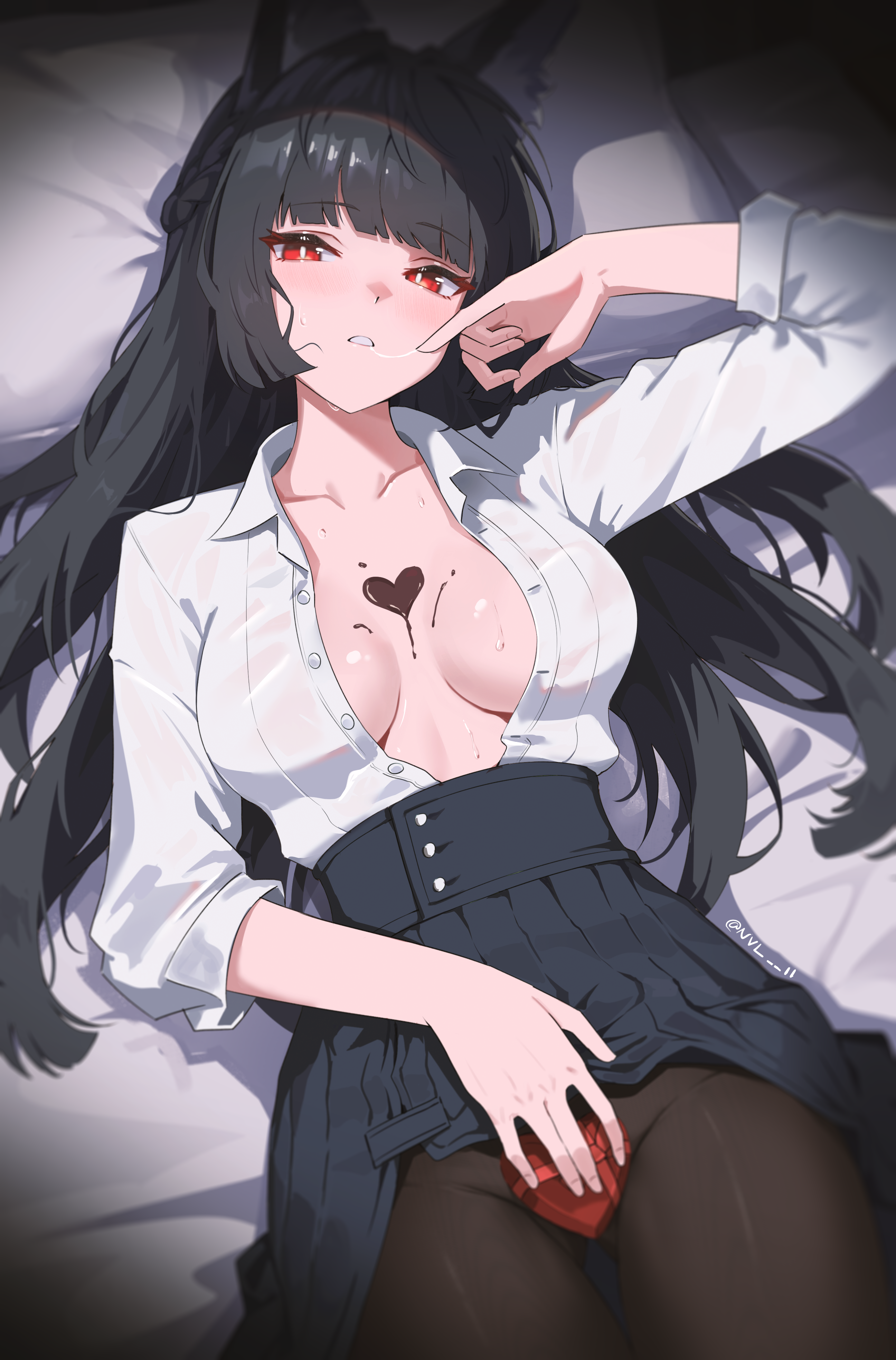 1girls absurdres animal_ears black_hair black_pantyhose black_skirt blush box breasts breasts_apart bright_pupils clothes_lift collarbone collared_shirt commentary covering_privates female fox_ears fox_girl from_above gluteal_fold hair_spread_out hand_up heart-shaped_box high-waist_skirt highres hoshimi_miyabi long_hair lying medium_breasts no_bra no_panties nvl on_back on_bed open_clothes open_shirt pantyhose parted_lips red_eyes saliva saliva_trail shirt shirt_tucked_in skirt skirt_lift sleeves_rolled_up solo sweat thigh_gap unbuttoned white_pupils white_shirt zenless_zone_zero