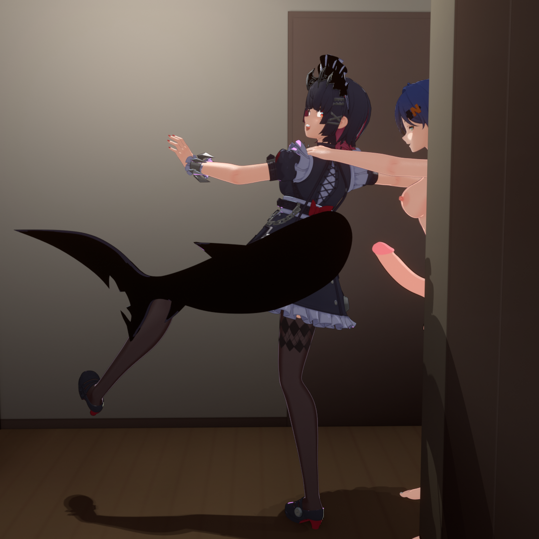 1futa 1girls 3d belle_(zenless_zone_zero) breasts caught ellen_joe erect_penis erection female futa_on_female futanari grabbed_from_behind grabbing imminent_rape intersex looking_back maid maid_outfit nude nude_futa penis penis_out resisting runeiteer scared shark_girl shark_tail surprised unwilling wide_eyed zenless_zone_zero