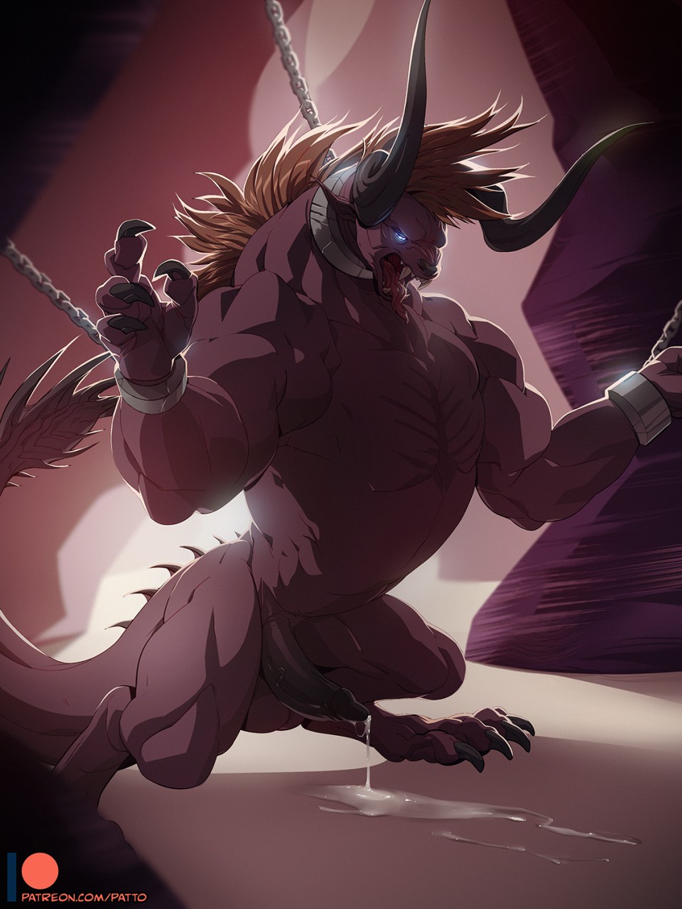 patto, behemoth, final fantasy, square enix, 2019, digital media (artwork), hi res, 4 fingers, balls, black nose, bodily fluids, brown hair, claws, cum, cum on ground, feral, fingers, genital fluids, hair, horn, male, male only, monster, muscular, open mouth, penis, solo, teeth, tongue, tongue out, video games, 