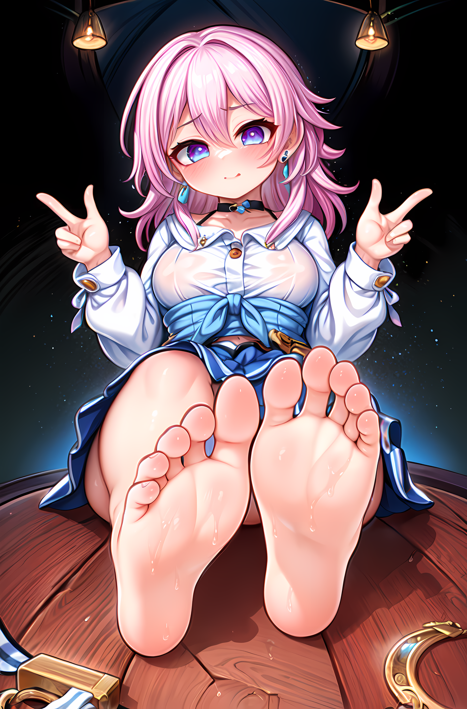 honkai (series), 1girls, 5 toes, ai generated, alternate breast size, bare legs, barefoot, blush, clothed, eyes, feet, female, female focus, female only, foopanthia, foot fetish, foot focus, from below, honkai: star rail, legs, looking at viewer, looking down, march 7th (honkai: star rail), pink hair, short hair, sitting, smile, sole female, soles, solo, solo female, solo focus, teasing, thick thighs, thighs, toes, 