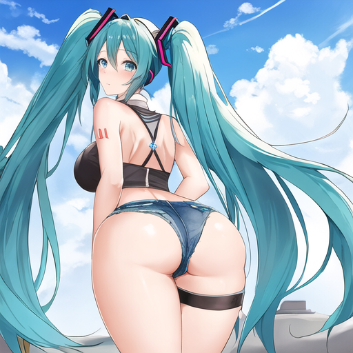hatsune miku, ai generated, anime, ass, bending over, big ass, big butt, blue hair, denim shorts, jean shorts, nhuong258, stable diffusion, twintails, 