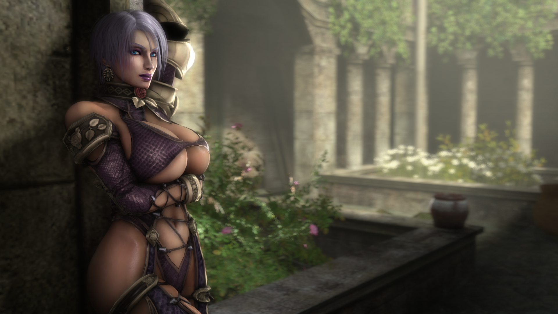 noname55, isabella valentine, soul calibur, 3d, 1girls, blue eyes, clothed female, clothing, earrings, female, female only, short hair, solo, tight clothing, white hair, 