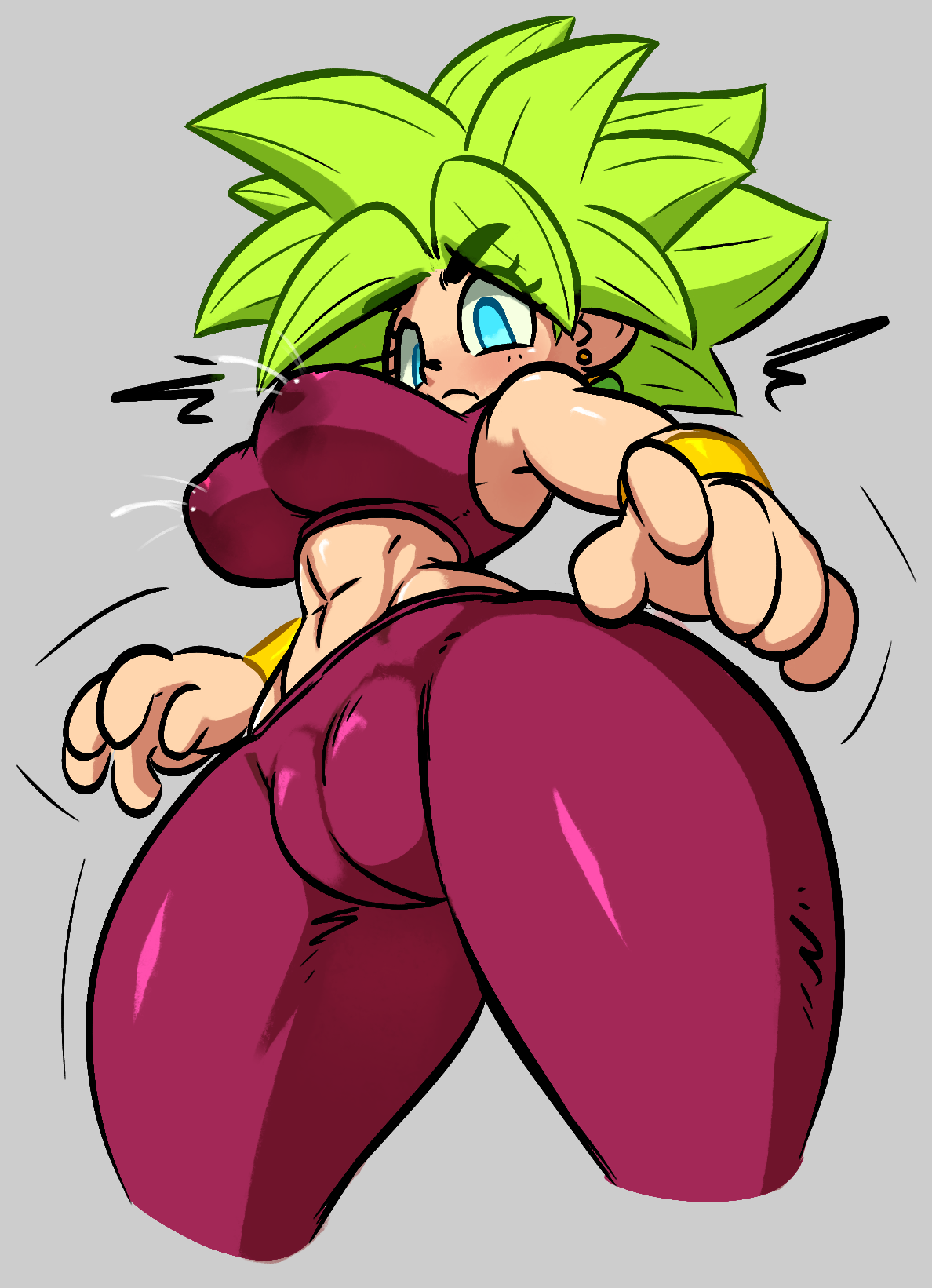 jellot, kefla, dragon ball, dragon ball super, alternate version available, 1girls, abs, armwear, big breasts, blue eyes, bottomwear, bracelet, breasts, cameltoe, clothing, earrings, erect nipples, female, female only, green hair, hair, huge breasts, lactating, lactation, lactation through clothes, lactation without expressing, looking at viewer, motion lines, nipples, red pants, red topwear, shoes, sideboob, solo, solo female, spiky hair, thick thighs, thighs, topwear, 