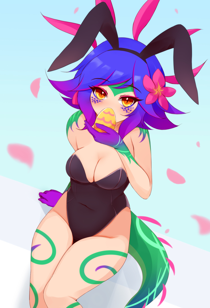 ayatori, neeko, league of legends, bunny ears, bunnysuit, tail, yellow eyes, 