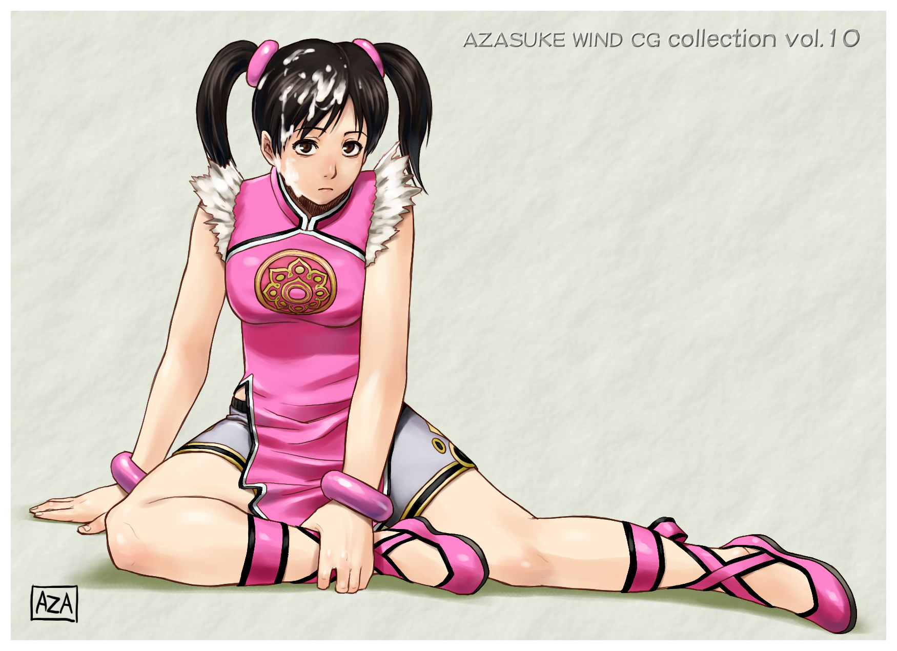 azasuke, ling xiaoyu, tekken, highres, arm support, black hair, bracelet, brown eyes, china dress, chinese clothes, cum, cum on body, cum on hair, cum on upper body, facial, female, female only, human, jewelry, looking at viewer, shorts, sitting, solo, tied hair, twintails, 