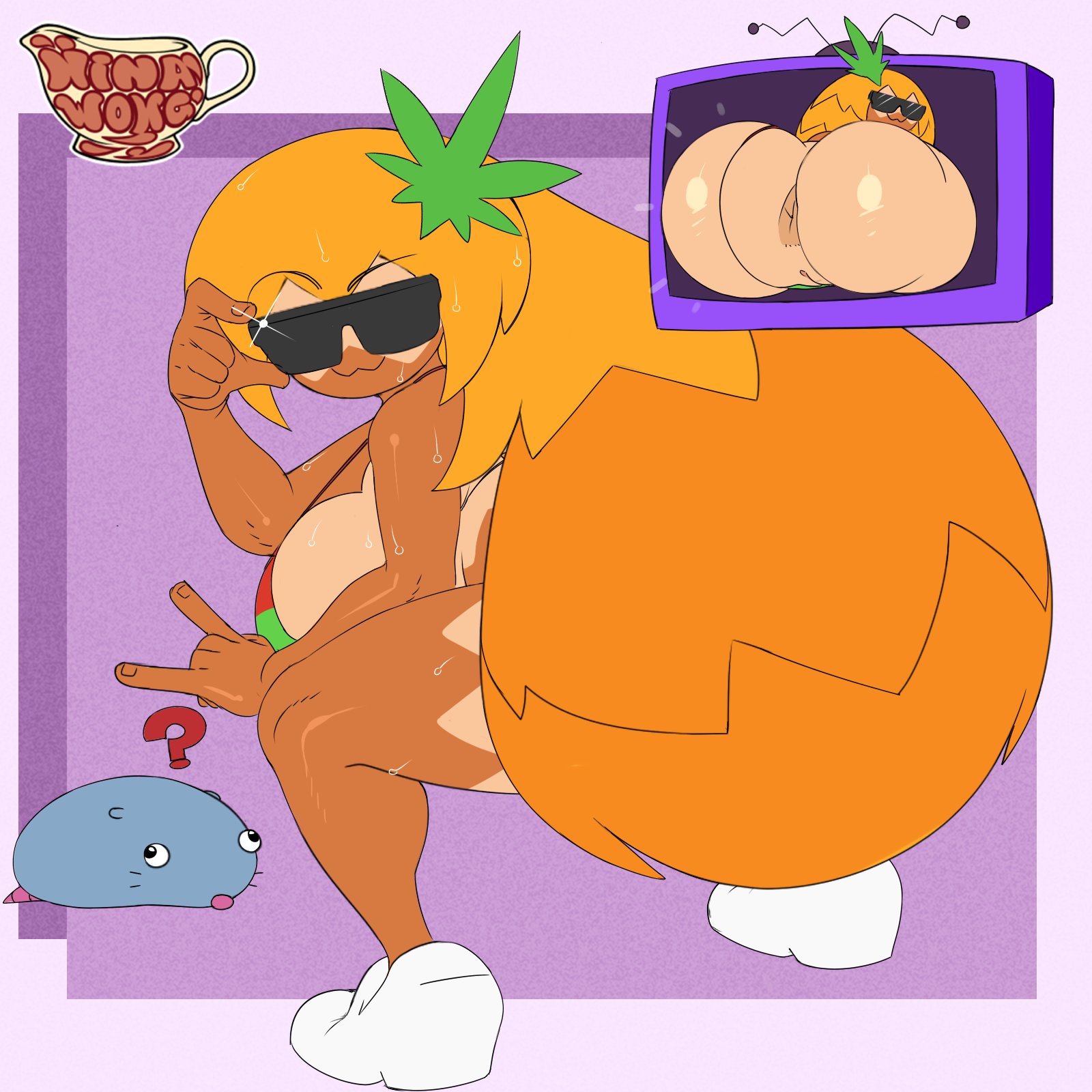 creamygravy, pizza tower, 1girls, ass, big ass, big breasts, big butt, bikini top, blonde hair, eyebrows visible through hair, eyelashes, fat ass, female, female only, large ass, large breasts, long hair, looking back, pineapple toppin, pussy, solo, solo female, solo focus, sunglasses, tan-skinned female, tan body, tan skin, tanline, tanlines, thick thighs, toppin gals, yellow hair, 