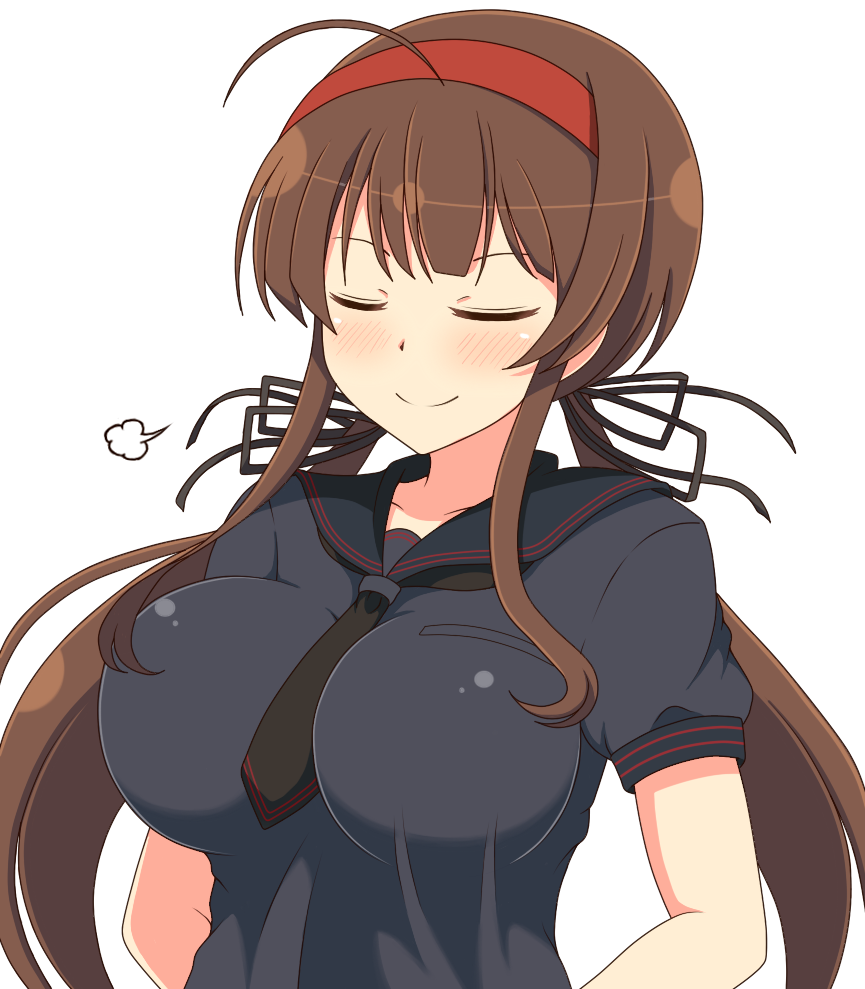 ichiryuu tsumiki, ryoubi (senran kagura), senran kagura, simple background, white background, 1girls, bangs, brown hair, closed eyes, female, front view, fully clothed, headband, impossible fit, large breasts, light-skinned female, light skin, school uniform, smile, solo, tie, twintails, very long hair, 