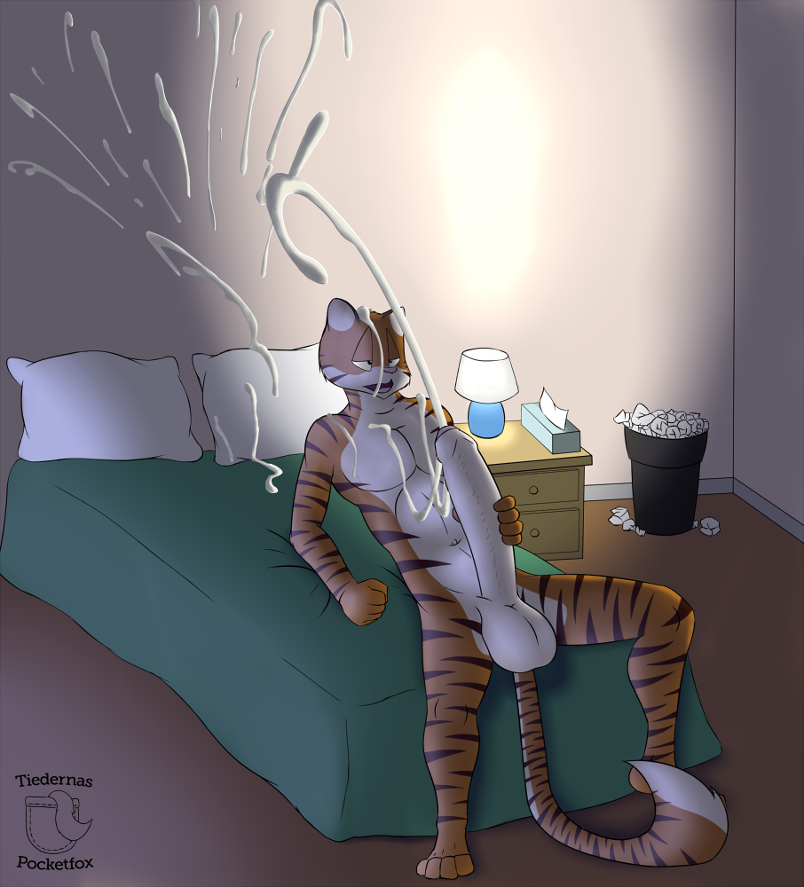 tiedernas, digital media (artwork), anthro, balls, bed, bedroom, big balls, big penis, cum, cum on face, cum on self, cumshot, ejaculation, erection, excessive cum, feline, fur, huge cock, humanoid penis, hyper, hyper penis, inside, lying, male, male only, mammal, masturbation, messy, nude, on bed, open mouth, orgasm, penile masturbation, penis, stripes, tiger, tongue, uncut, 