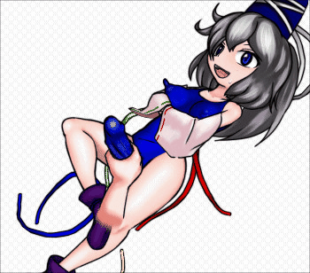 1futa 1other ambiguous_gender animated blue_eyes blue_swimsuit breasts checkered_background cum cum_through_clothes cum_through_swimsuit disembodied_hand eyes_rolling_back futa_focus futanari grey_hair handjob hard_nipples hat intersex long_nipples medium_breasts mononobe_no_futo one-piece_swimsuit open_smile sabun_symdrome shoes silver_hair smile swimsuit tate_eboshi thrusting_hips touhou