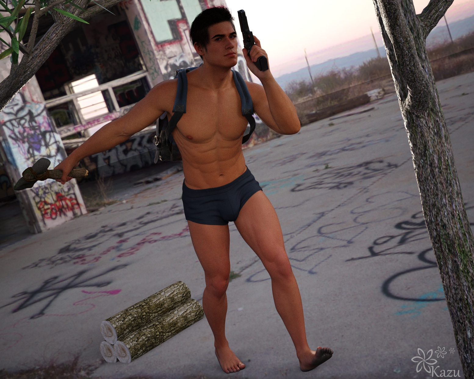 daytime, oc, original character, original, 3d, 3d (artwork), 1boy, 1human, 1male, 3d model, backpack, barefoot, boxers only, bulge, bulge through clothing, day, firearm, gun, holding weapon, kazuworks, lean body, lean muscle, male, male focus, male only, nonsexual, nonsexual nudity, outdoors, partially naked male, partially nude, semi nude, solo, solo focus, solo male, survival horror, survivalist, young adult, young man, 