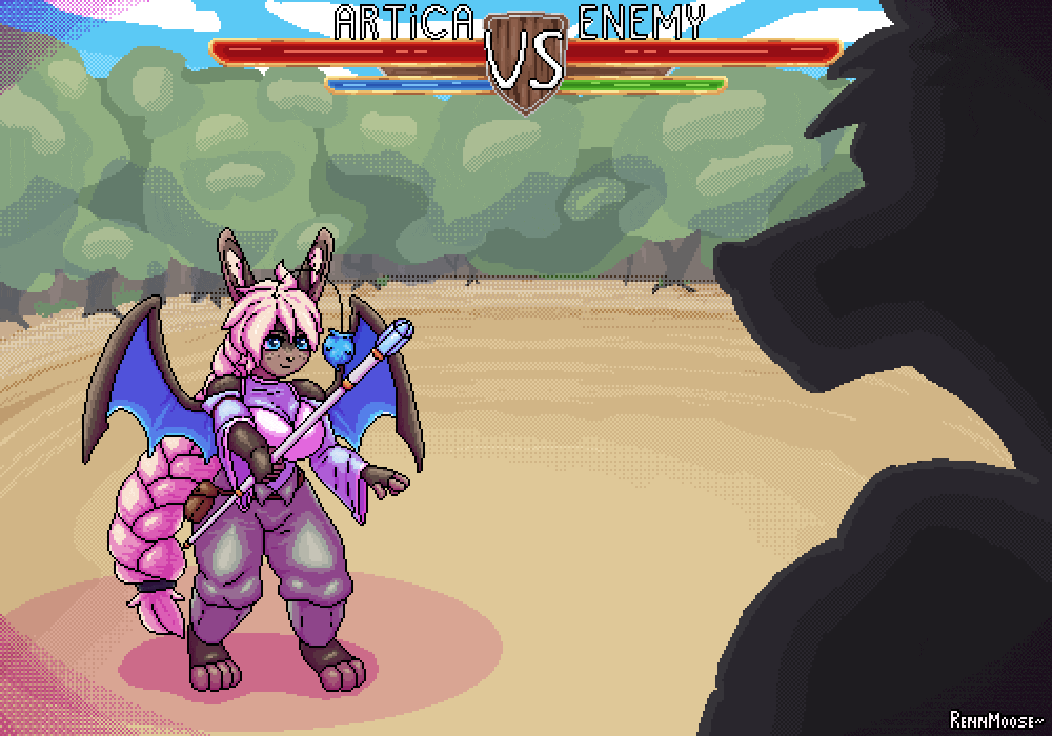 animated anthro ass big_breasts blonde_hair blue_eyes bodily_fluids braided_hair breasts cum cum_covered cum_inside defeated destroyed_clothing digital_media_(artwork) duo female fight gameplay_mechanics genital_fluids genitals gui hair health_bar magic_user male male/female messy multiple_poses nipples nude pixel_(artwork) pixel_animation pose rennmoose short_stack slideshow staff tail vagina versus vulva wings