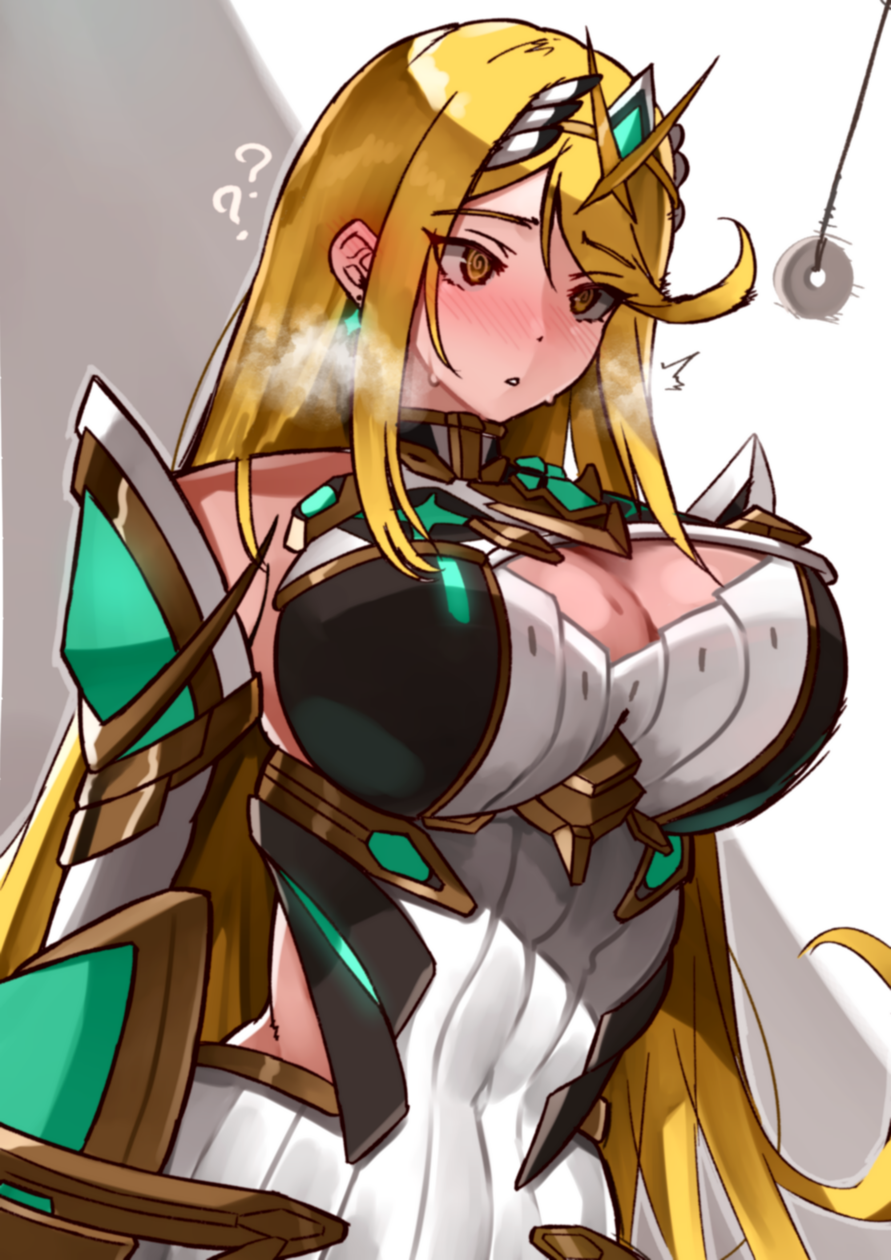 ? ?? @_@ absurdres blonde_hair breasts chest_jewel cleavage cleavage_cutout clothing_cutout coin coin_on_string commentary_request core_crystal_(xenoblade) covered_navel dress earrings female gem green_gemstone grey_background highres hip_vent hypnosis jewelry large_breasts long_hair mind_control mythra mythra_(xenoblade) oniisan02b parted_lips solo tiara two-tone_background upper_body very_long_hair white_background white_dress xenoblade_chronicles_(series) xenoblade_chronicles_2 yellow_eyes yotsuha_uni yotsuhauni
