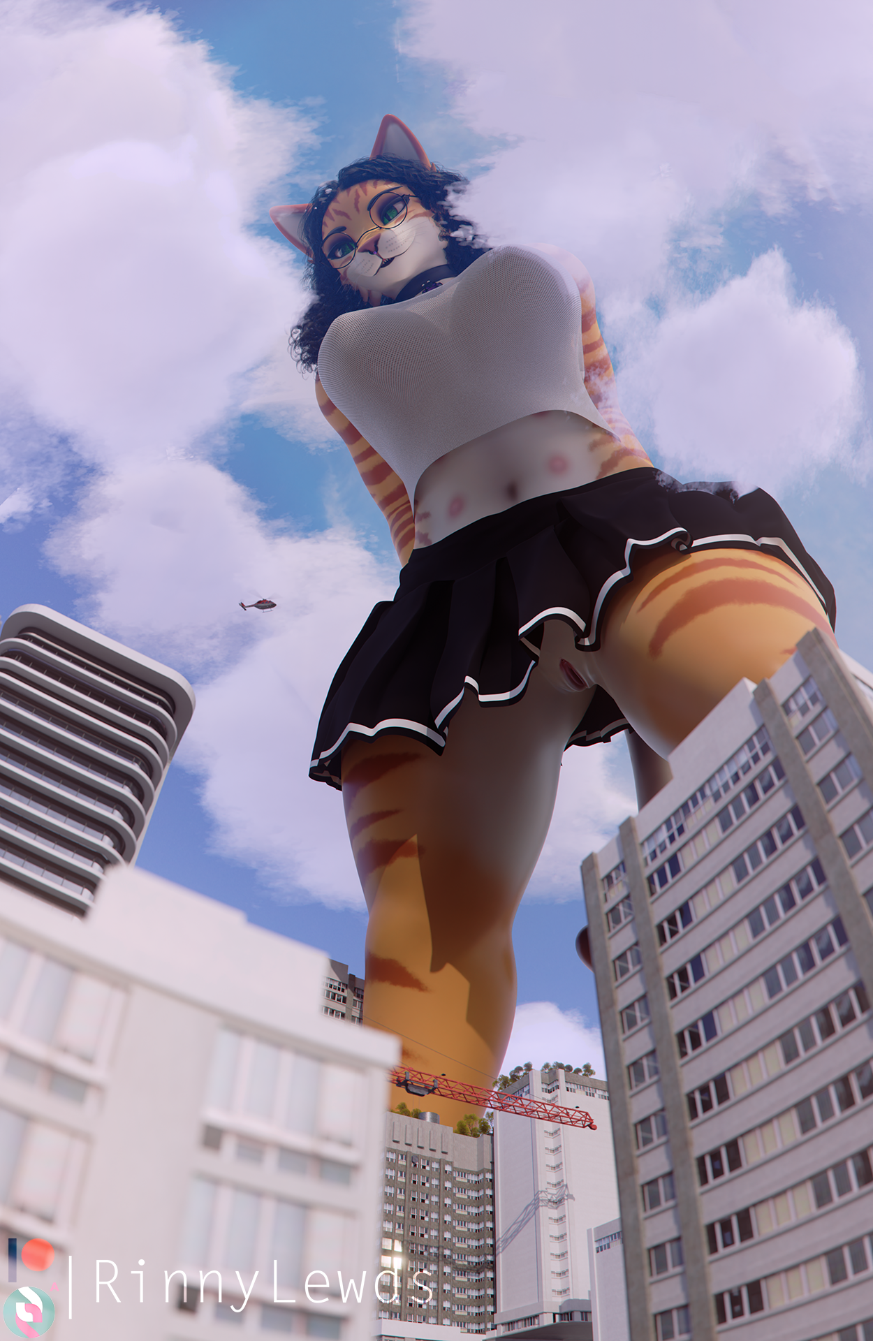 2023 3d_(artwork) aircraft black_hair blender_(software) bottomwear city clothing cloud collar digital_media_(artwork) domestic_cat eyewear facial_piercing felid feline felis female fur genitals glasses green_eyes hair helicopter hi_res macro mammal nipples nose_piercing orange_body orange_fur piercing pussy rinny rinny_(character) skirt sky tabby_cat trans_woman transfem vehicle