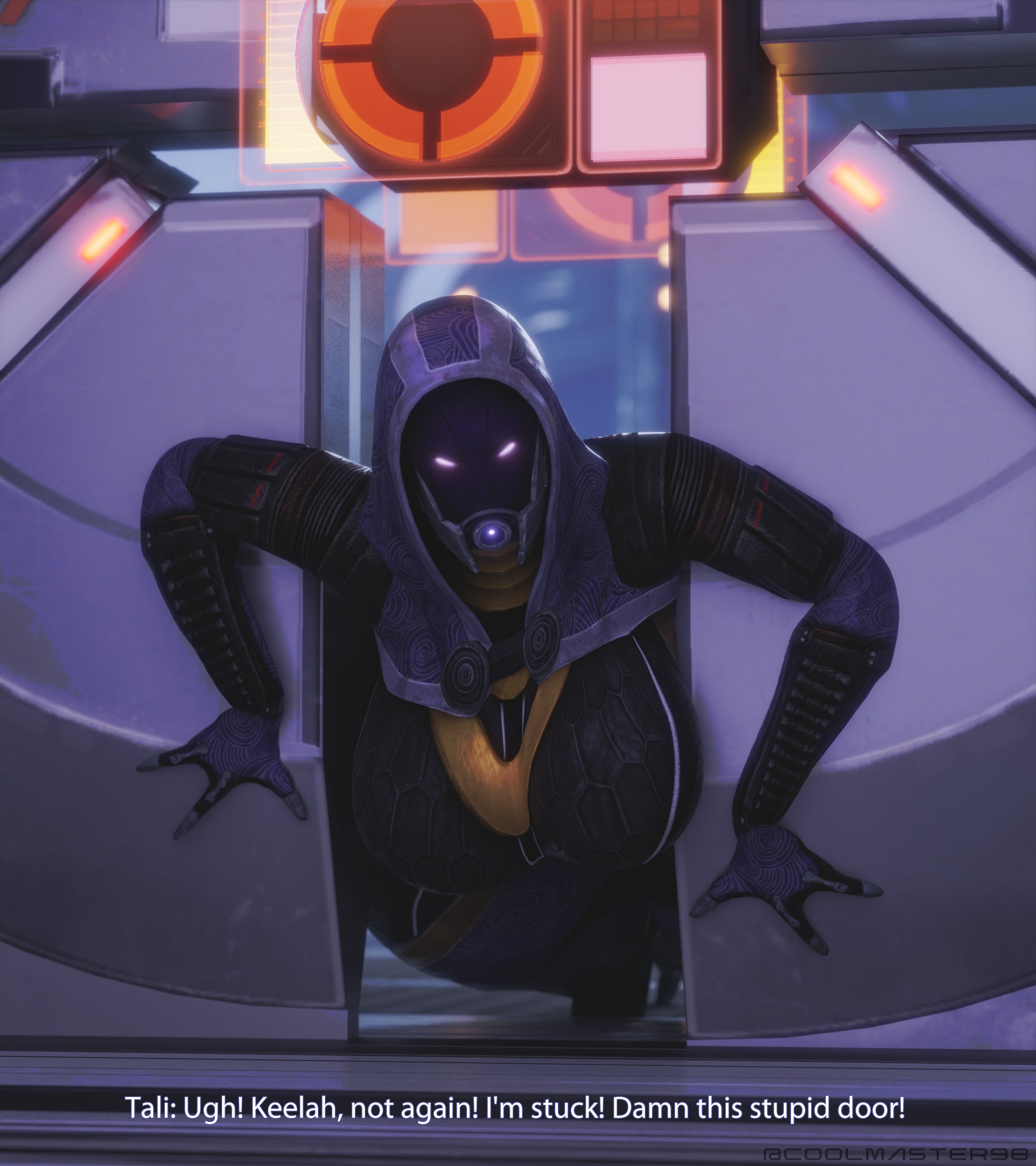 coolmaster98, mass effect, 3d, 1girls, alien girl, big breasts, breasts, stuck, stuck in door, tali'zorah nar rayya, 