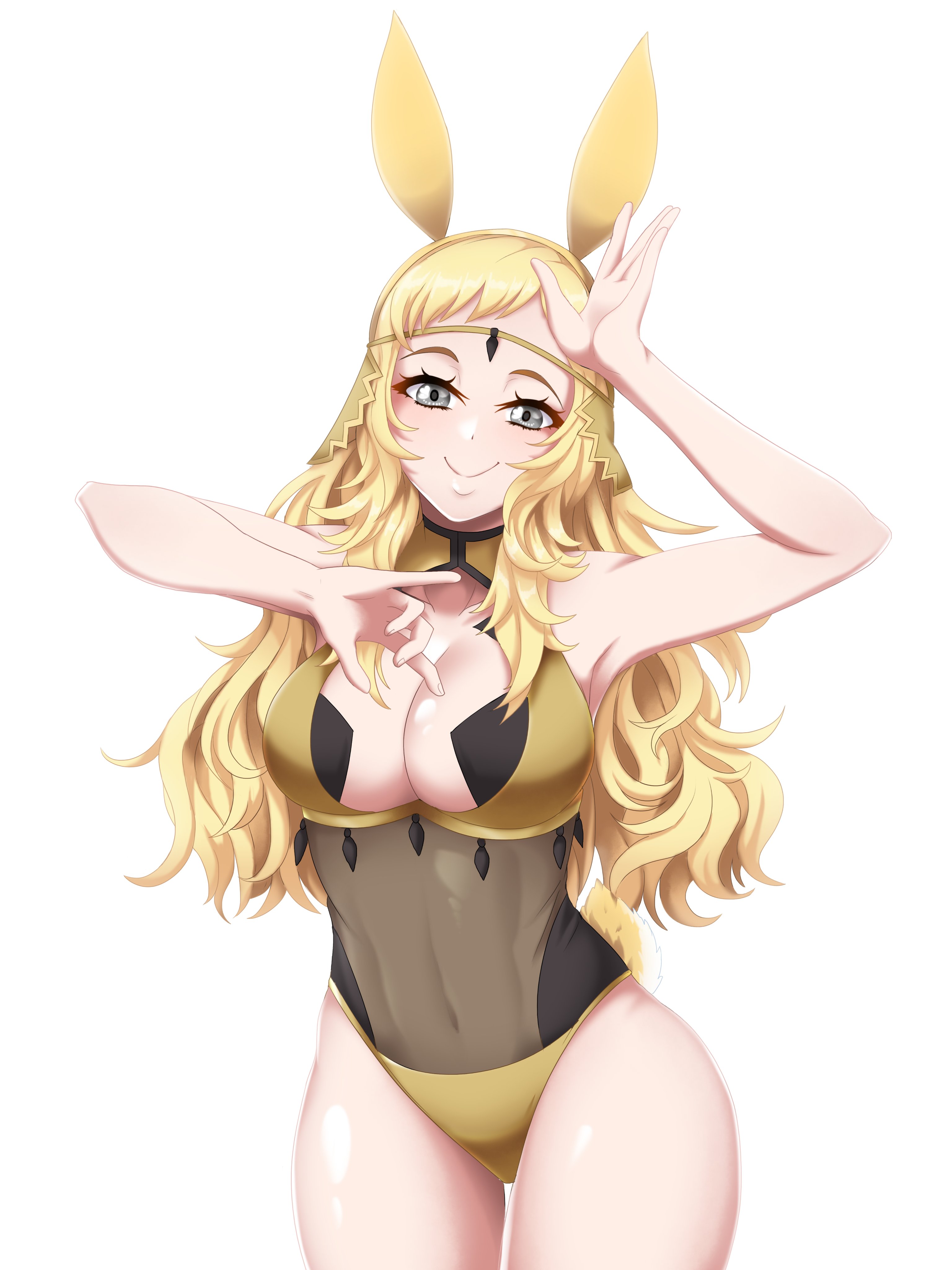 ophelia (fire emblem), fire emblem, fire emblem fates, nintendo, absurdres, highres, 1girls, adapted costume, alternate costume, animal ears, armpits, arms up, bare legs, bare thighs, blonde hair, breasts, bunny ears, bunny girl, bunnysuit, cleavage, cleavage cutout, clothing cutout, female, female only, headband, large breasts, long hair, navel, panties, playboy bunny, rabbit ears, rabbit tail, see-through, seityr, short bangs, sleeveless, smile, tail, thick thighs, thighs, underwear, yellow panties, 