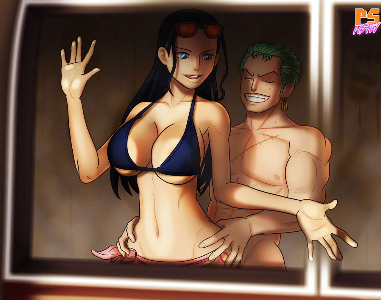 pumpkinsinclair, nico robin, roronoa zoro, one piece, 1boy, anal, black hair, blue eyes, bra, breasts, female, green hair, hands on hips, large breasts, nude, open mouth, sex, sunglasses, sunglasses on head, teeth, 