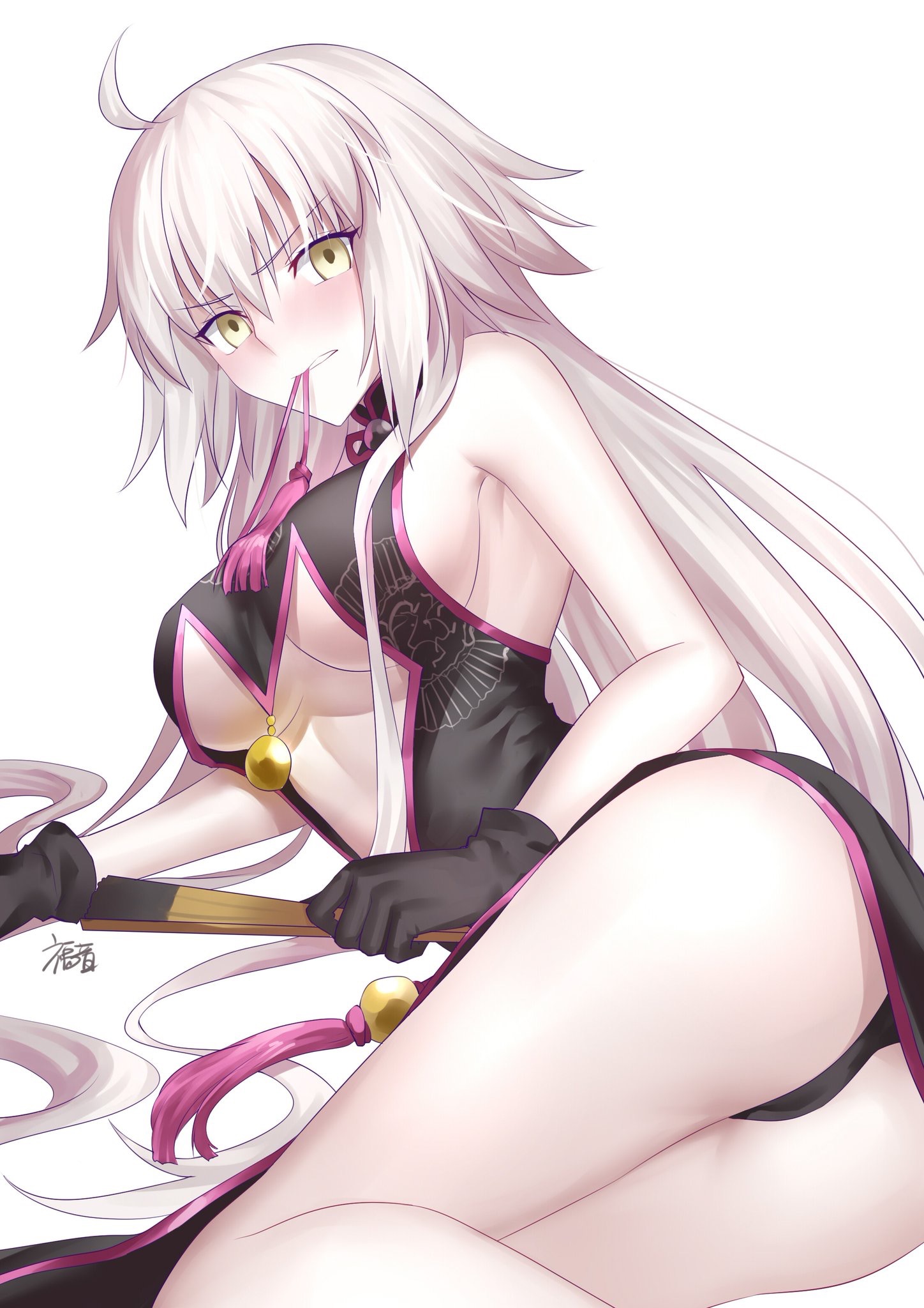 jeanne alter, fate/grand order, fate (series), tagme, 1girls, blush, clothed, female, female only, looking at viewer, lying, pale skin, white hair, yellow eyes, 