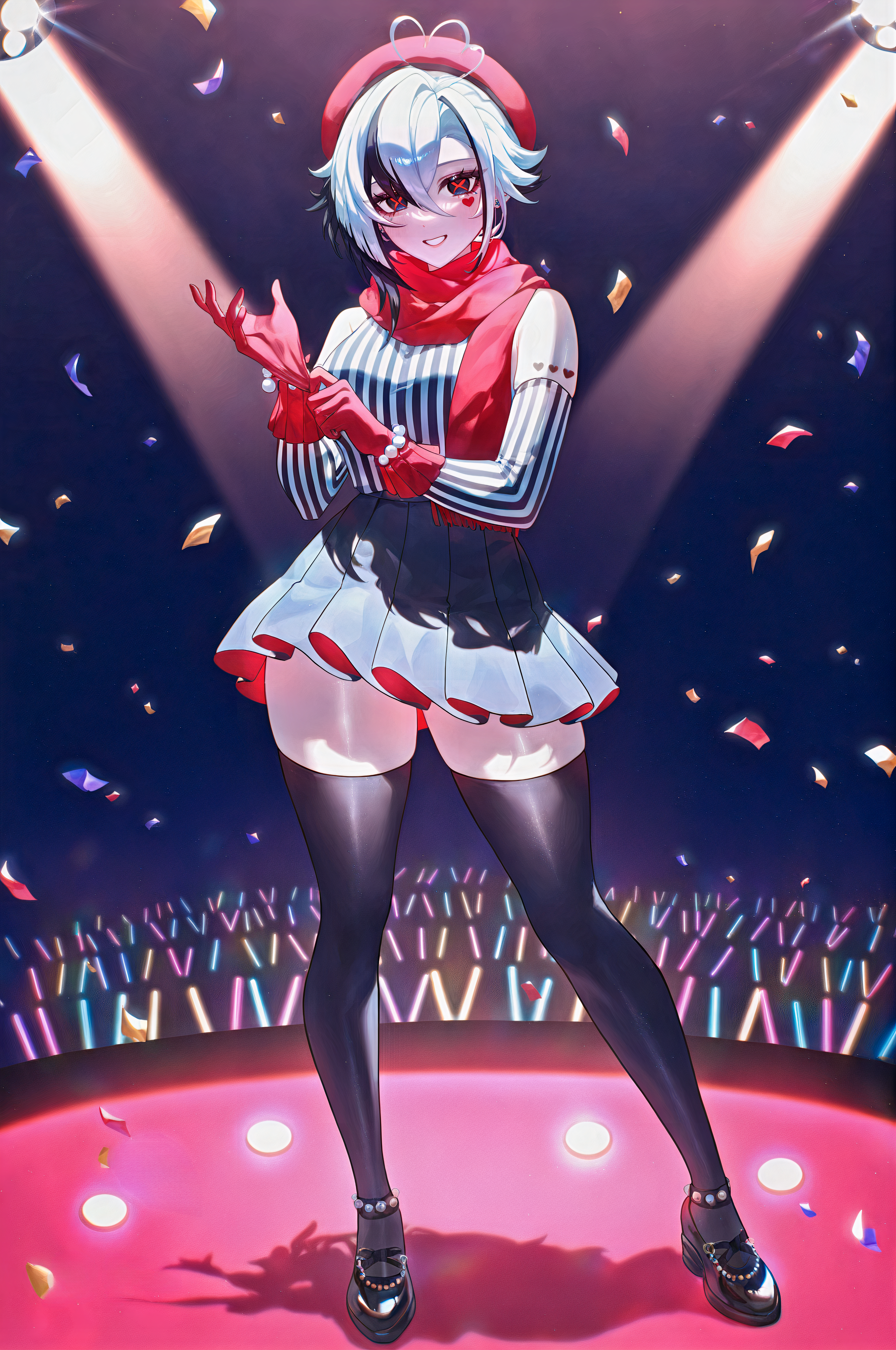:d absurd_res adjusting_clothes adjusting_gloves ahoge alternate_costume arlecchino_(genshin_impact) ass_visible_through_thighs asymmetrical_hair audience bare_shoulders beret black_eyes black_footwear black_hair black_shirt black_skirt black_thighhighs blue_shirt blue_skirt blush breasts clothing_cutout concert confetti contemporary contrapposto cowboy_shot cross-shaped_pupils detached_sleeves dress female frills full_body fur-trimmed_gloves fur-trimmed_sleeves fur_trim genshin_impact glint gloves glowstick grey_hair grey_shirt grey_skirt grin hair_between_eyes hand_up hands_up hat head_tilt heart heart-shaped_pupils heart_ahoge high-waist_skirt high_heels holding idol jewelry large_breasts layered_skirt legs_apart light light_particles long_bangs long_hair long_sleeves looking_at_viewer mary_janes medium_breasts medium_hair miniskirt ministro mismatched_pupils multicolored_clothes multicolored_hair open_mouth parted_lips pink_gloves pink_headwear pleated_skirt red_eyes red_gloves red_headwear red_pupils red_scarf ribbed_shirt scarf self_upload shadow shirt shirt_tucked_in shoes short_hair short_hair_with_long_locks skindentation skirt sleeveless sleeveless_shirt smile solo sparkle spotlight stage stage_lights standing streaked_hair striped_clothes striped_shirt striped_skirt swept_bangs symbol-shaped_pupils tattoo teeth thick_thighs thighhighs thighs two-tone_hair two-tone_shirt two-tone_skirt vertical-striped_clothes vertical-striped_shirt white_hair white_shirt white_skirt white_sleeves x-shaped_pupils zettai_ryouiki