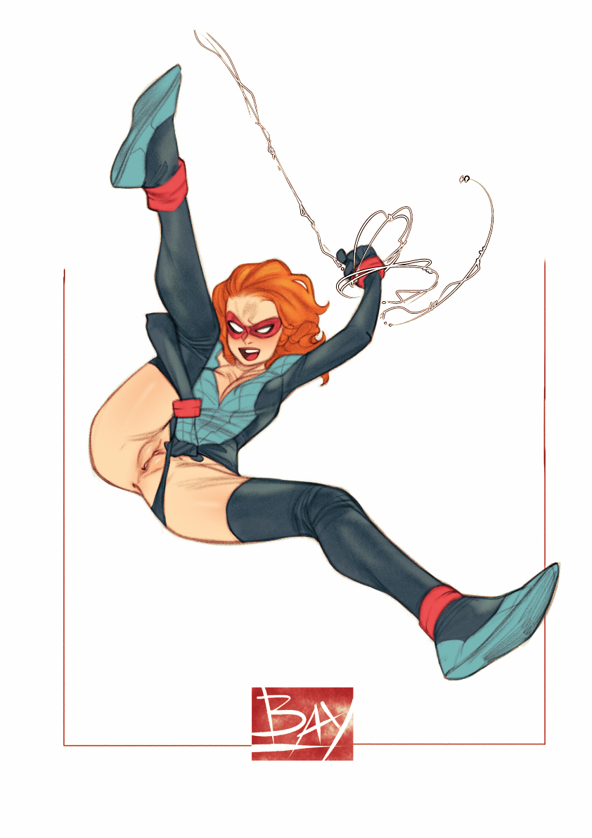 anna-may_parker ass bayushi bayushix bodysuit color_edit colored colored_sketch domino_mask exposed_ass exposed_pussy female flashing flashing_pussy leg_sleeves leotard leotard_aside leotard_pull marvel marvel_comics mask masked masked_female midair orange_hair pulling_clothing pussy pussy_lips pussy_peek red_hair smiling spider-man_(series) spiderling spread_legs superheroine teasing teenage_female teenager thighhighs vagina webs