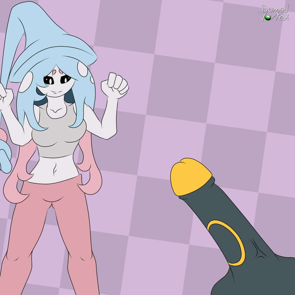 5_toes animated anthro black_body blue_hair blue_nails blue_toenails checkered checkered_background colored_nails domedvortex dominant dominant_female duo eeveelution erection fan_character feet female fist foot_fetish foot_worship generation_2_pokemon generation_8_pokemon genitals hair hatterene humanoid kick kicking_penis male male/female multicolored_hair nails nintendo pattern_background penis pokemon pokemon_(species) signature simple_background soles toenails toes umbreon white_body wrinkled_feet wrinkles