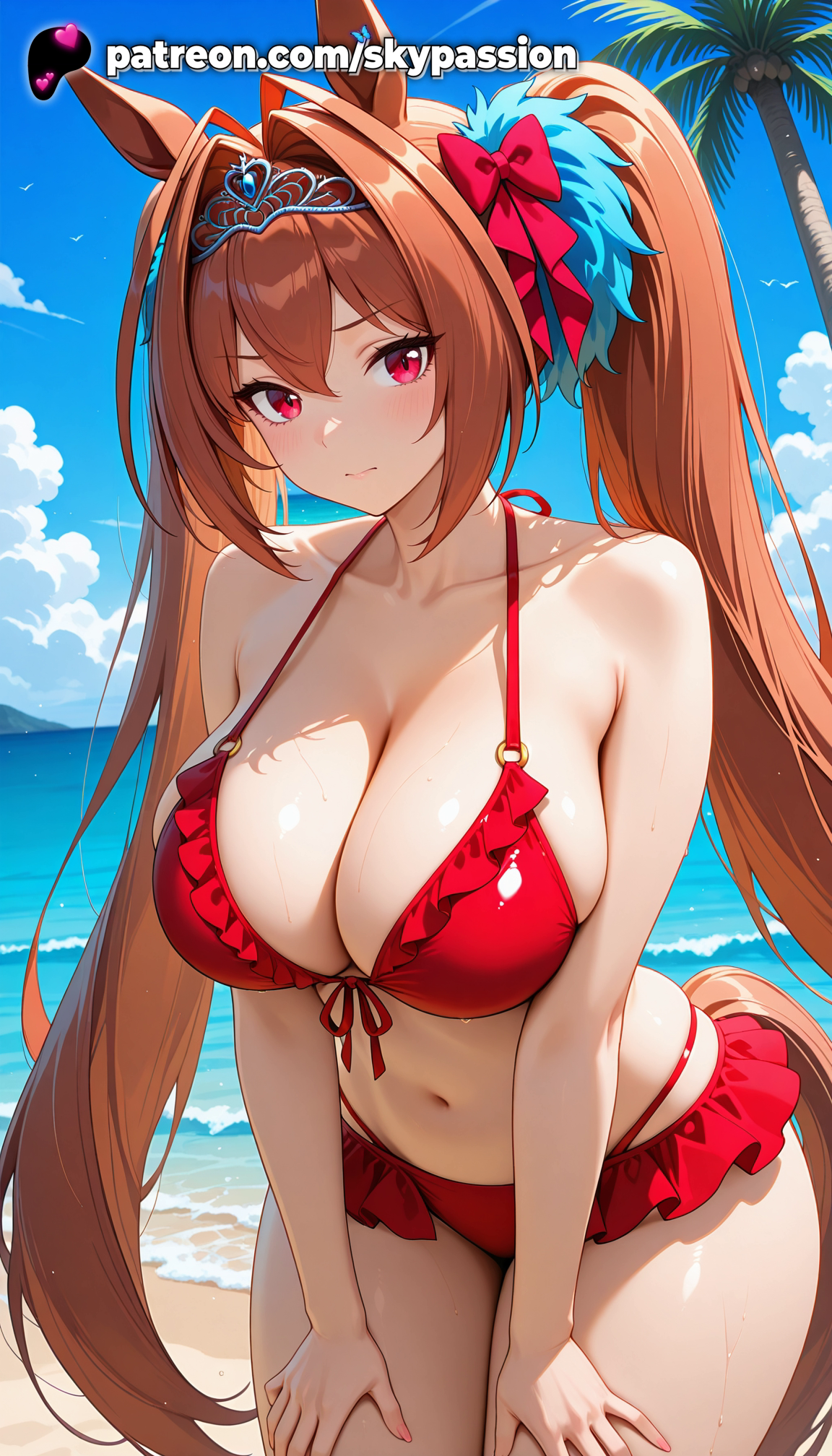 1girls 2025 ai_assisted ai_generated animal_ears anime artist_name beach big_breasts big_chest bikini bird blue_sky bow breast breasts brown_hair bust busty chest cloud cloudy_sky daiwa_scarlet_(umamusume) day explicit female frilled_bikini front-tie_bikini hi_res high_quality high_resolution highres horizon horse_ears island large_breasts long_hair looking_at_viewer navel ocean outdoors palm_leaf palm_tree patreon patreon_username red_bikini sand seagull shore sky skypassion solo stable_diffusion summer swimsuit tree twintails umamusume umamusume_pretty_derby very_long_hair water watermark
