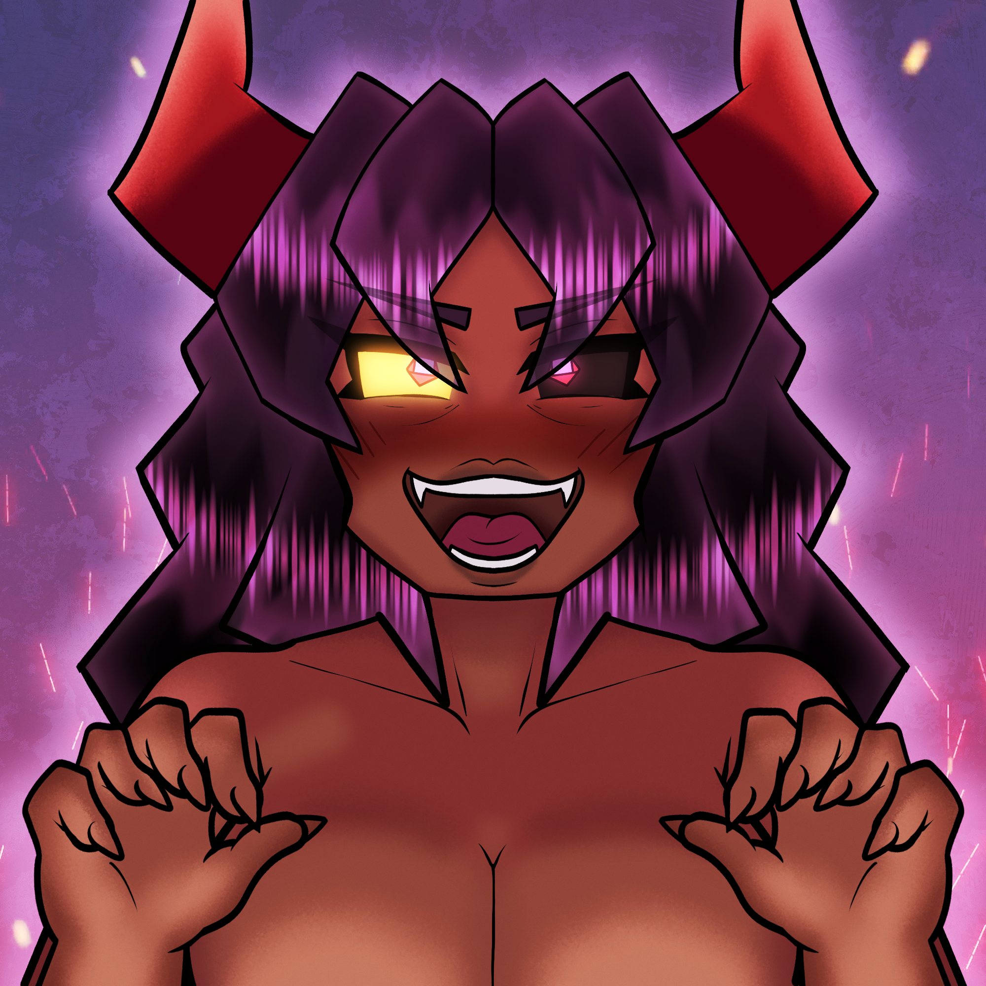 black_sclera dark-skinned_female demon demon_horns glowing_eyes purple_hair sharp_fingernails sharp_teeth speakeyzey succubus succubus_horns yellow_sclera