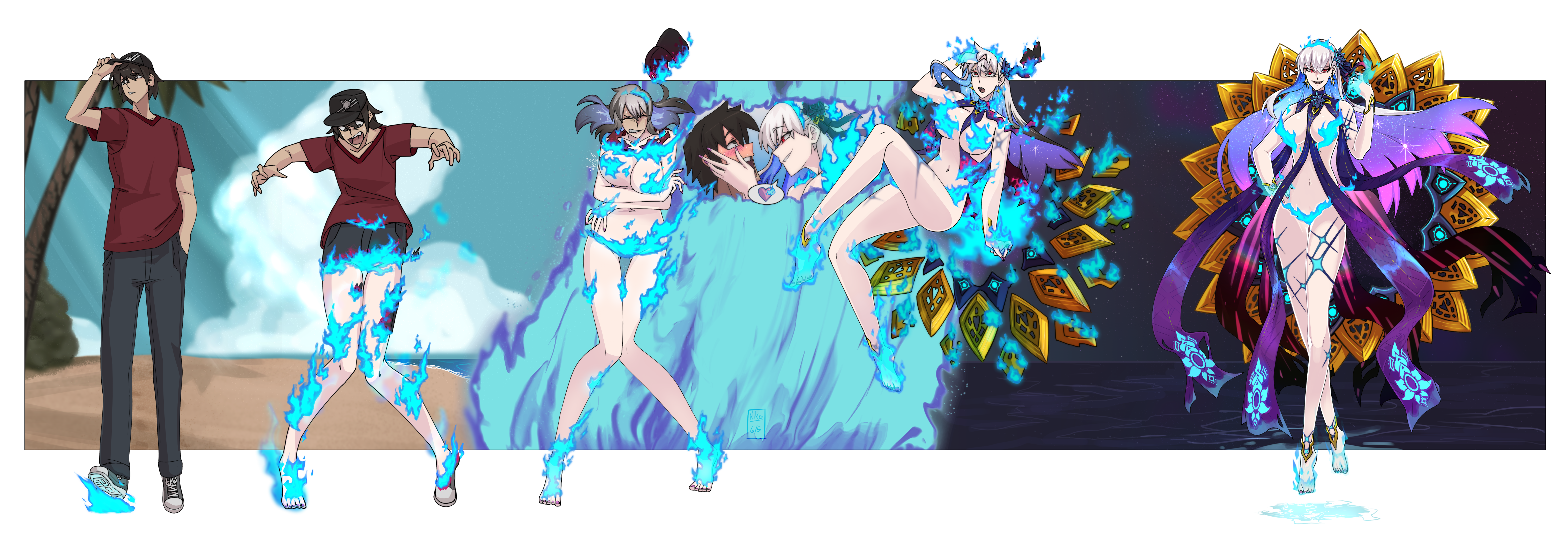 kama (fate/grand order), fate/grand order, fate (series), ass expansion, breast expansion, eye color change, female, gender transformation, hair color change, hair growth, identity death, large breasts, life-fiber-change, mtf transformation, navel, possession, takeover, thick thighs, thigh expansion, transformation, transformation sequence, wide hips, 