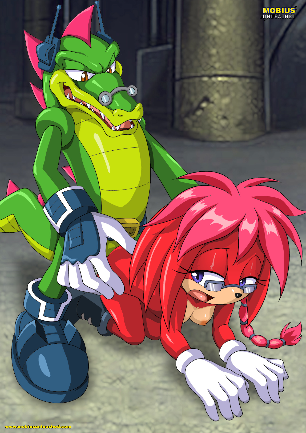 bbmbbf, lara-su, mobius unleashed, sonic (series), sonic the hedgehog (series), argyle the crocodile, doggy style, glasses, golden eyes, green skin, hands on hips, penetration, pink hair, purple eyes, red fur, 