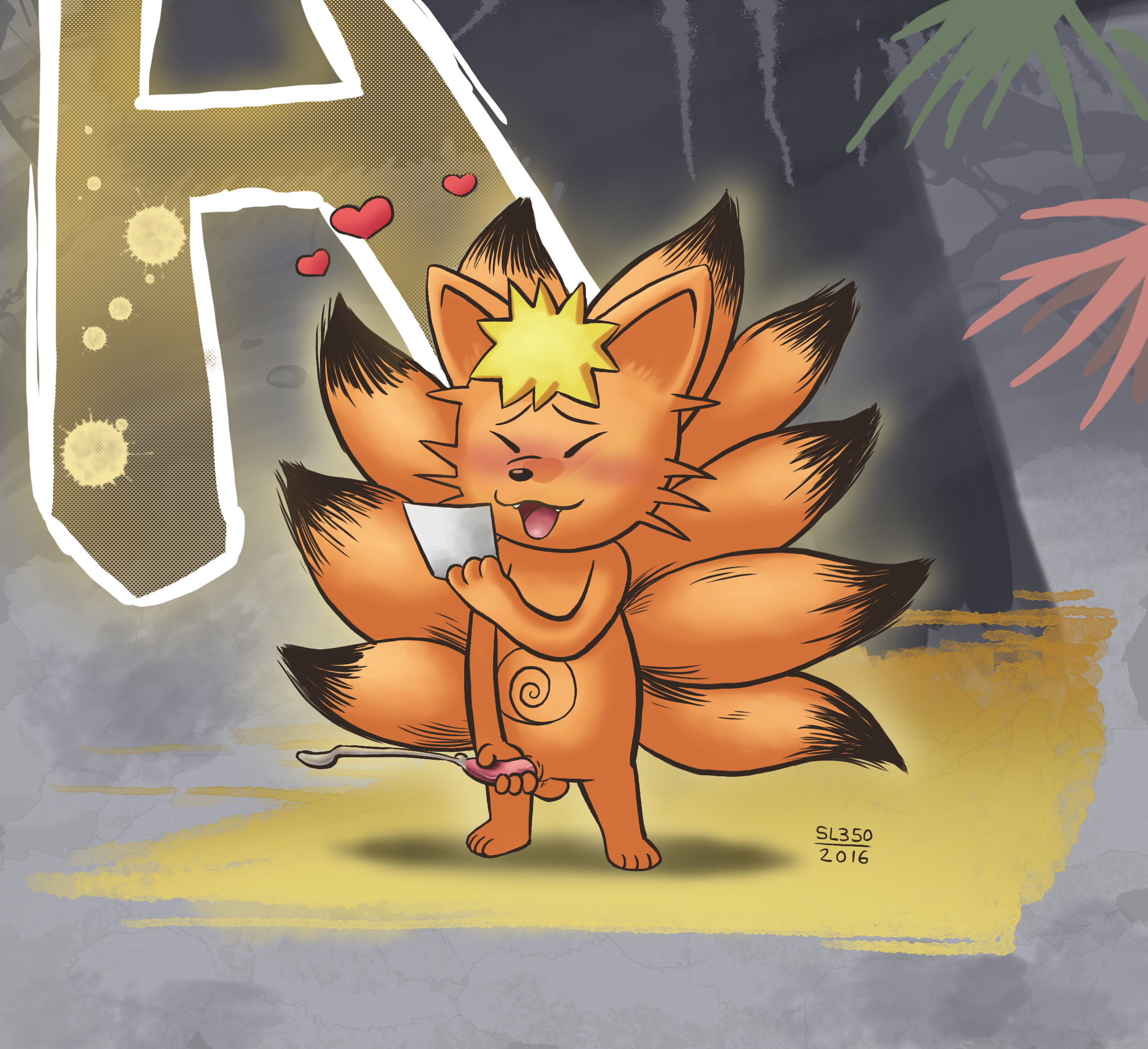 sl350, kurama, uzumaki naruto, naruto, naruto shippuden, 2016, hi res, 1boy, abstract background, animal genitalia, animal penis, anthro, balls, blush, canine, chibi, cum, cumshot, ejaculation, fox, fur, hair, heart, male, male only, mammal, masturbation, multi tail, nude, orange fur, orgasm, penis, solo, tailed beast, 