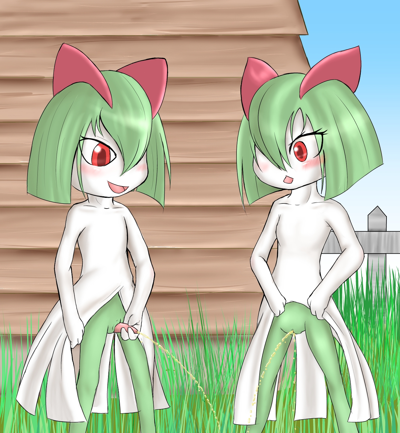 fid, kirlia, nintendo, color, anthro, blush, building, day, duo, female, fe...