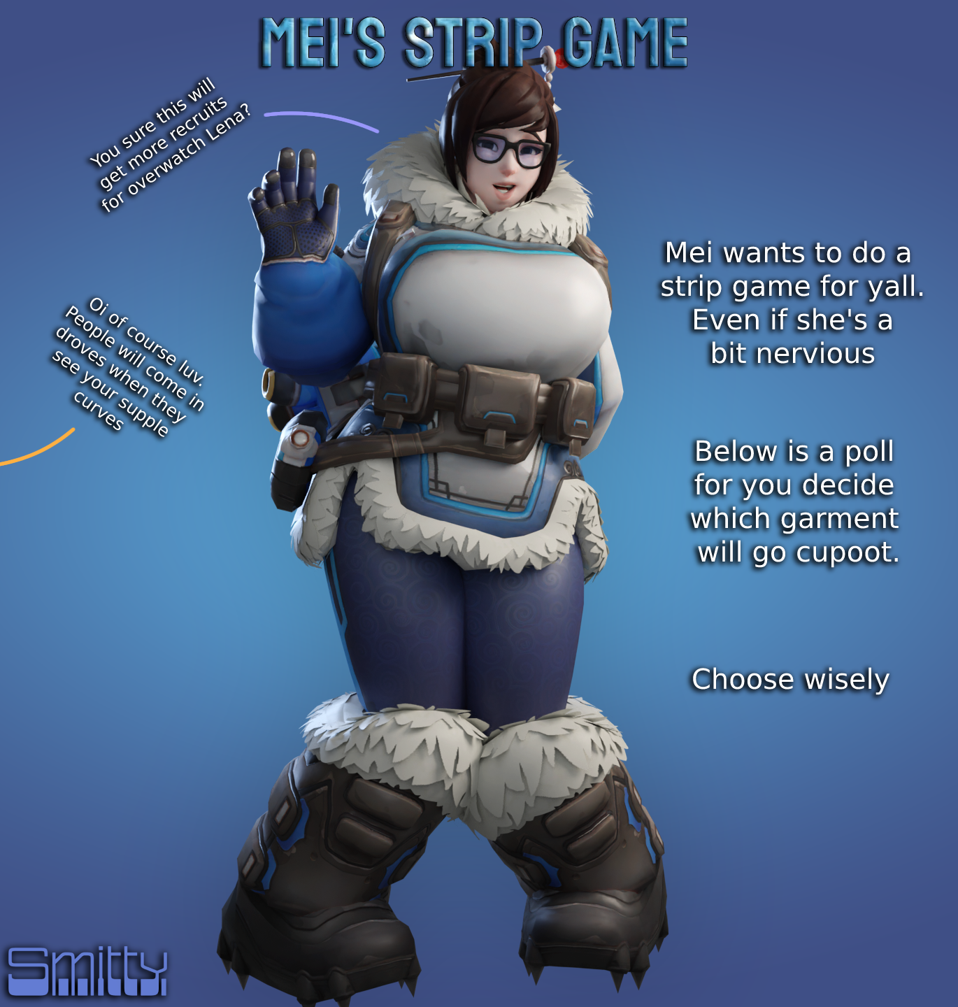 mei (overwatch), overwatch, 3d, 3d (artwork), blender (software), tagme, text, asian, asian female, big breasts, glasses, smitty34, strip game, thick thighs, 