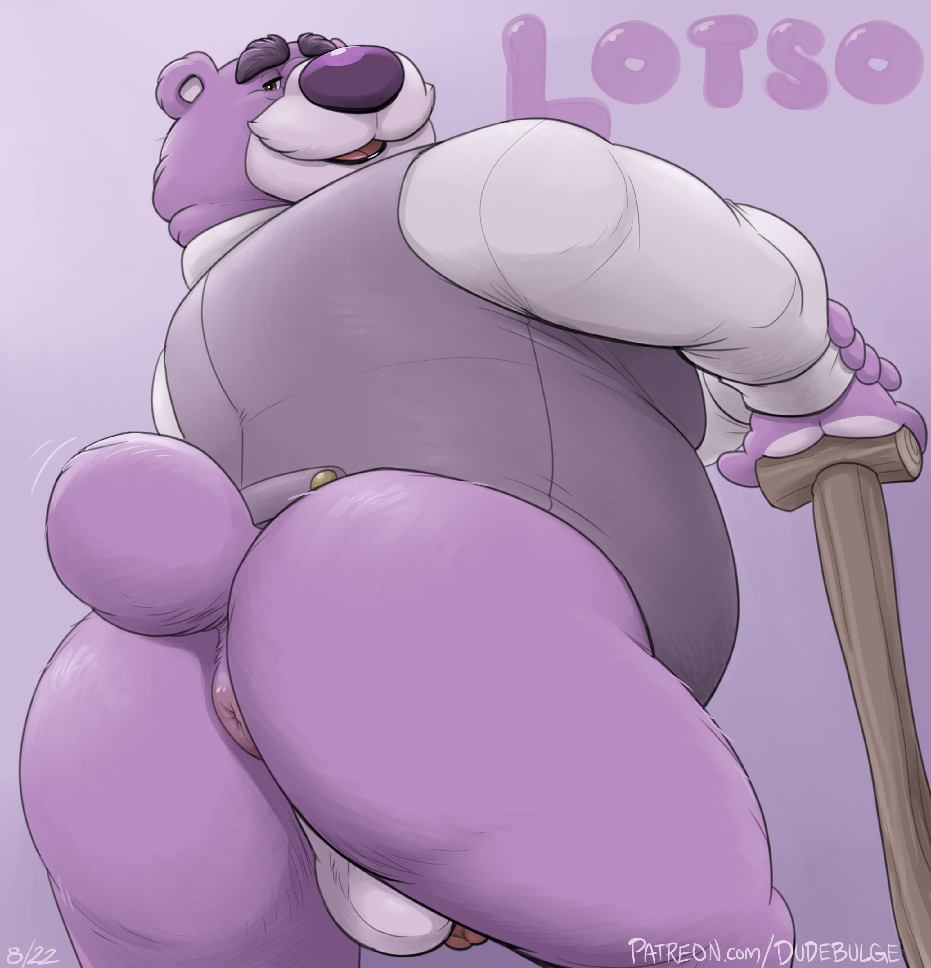 dudebulge, lotso, disney, pixar, toy story, absurd res, hi res, simple background, 2023, anthro, anus, ass, balls, bear, clothed, clothing, genitals, male, mammal, mature male, overweight, overweight male, penis, purple body, solo, 