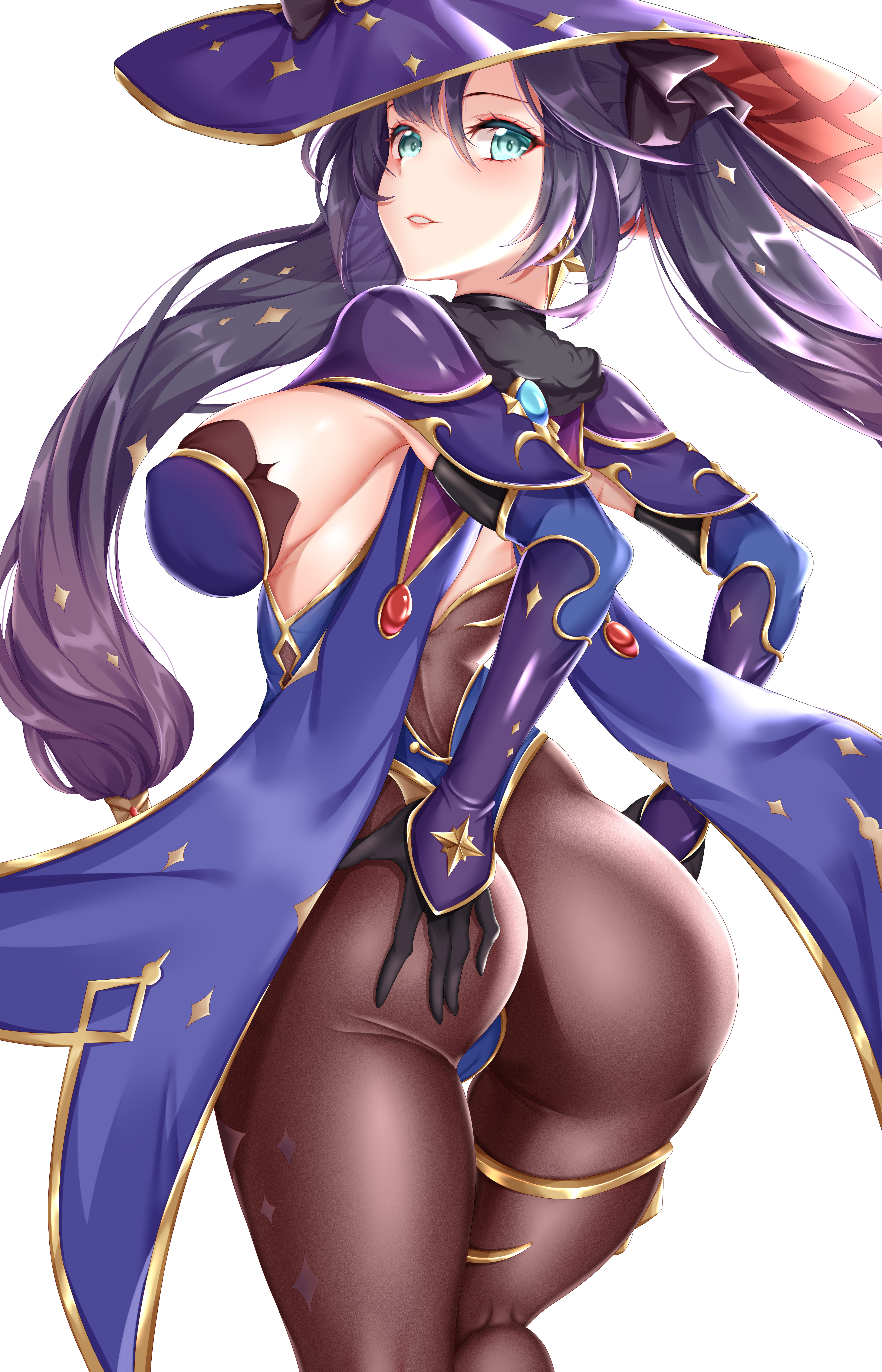 high resolution, 1girls, ass grab, big ass, big butt, breasts, female, genshin impact, grabbing own ass, large breasts, leotard, looking at viewer, mona (genshin impact), revealing clothes, sideboob, smile, thong leotard, wide hips, witch hat, 