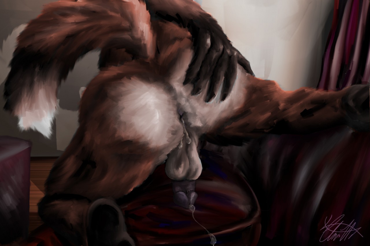 2015, 5 fingers, anthro, anus, balls, behind view, black penis, brown fur, canine, chair, cum, curtains, faceless male, fox, fur, gloves (marking), half-erect, hand on butt, killianwalker, male, male only, mammal, markings, nude, orange fur, penis, precum, raised tail, revealing (disambiguation), seductive, solo, spread legs, spreading, teasing, white fur, 