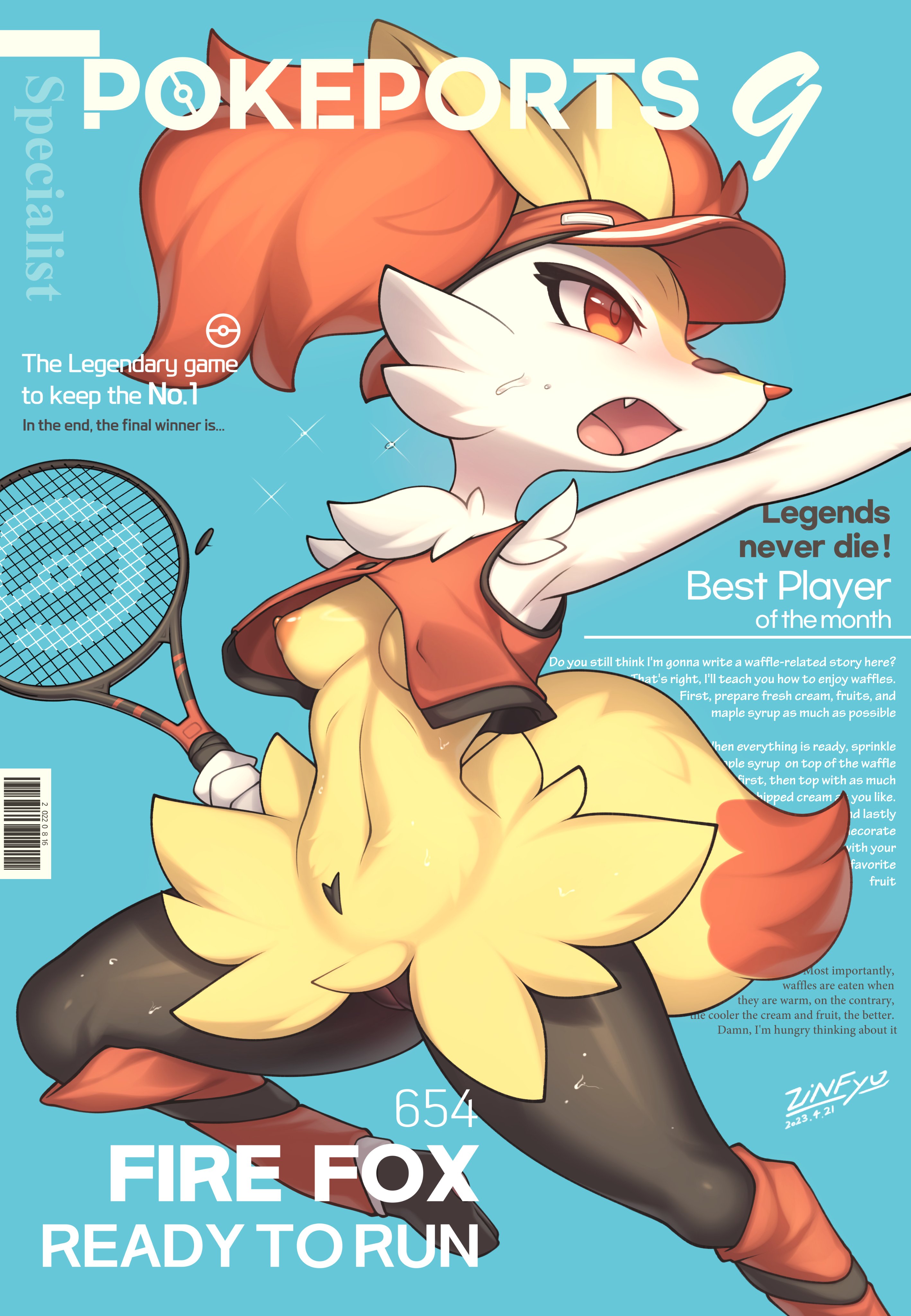 zinfyu, braixen, pokemon (species), nintendo, absurd res, hi res, text, anthro, areola, biped, breasts, clothing, fangs, female, fur, generation 6 pokemon, genitals, inner ear fluff, medium breasts, nipples, open mouth, pokemon, pussy, red eyes, solo, teeth, tennis racket, tuft, yellow body, yellow fur, 