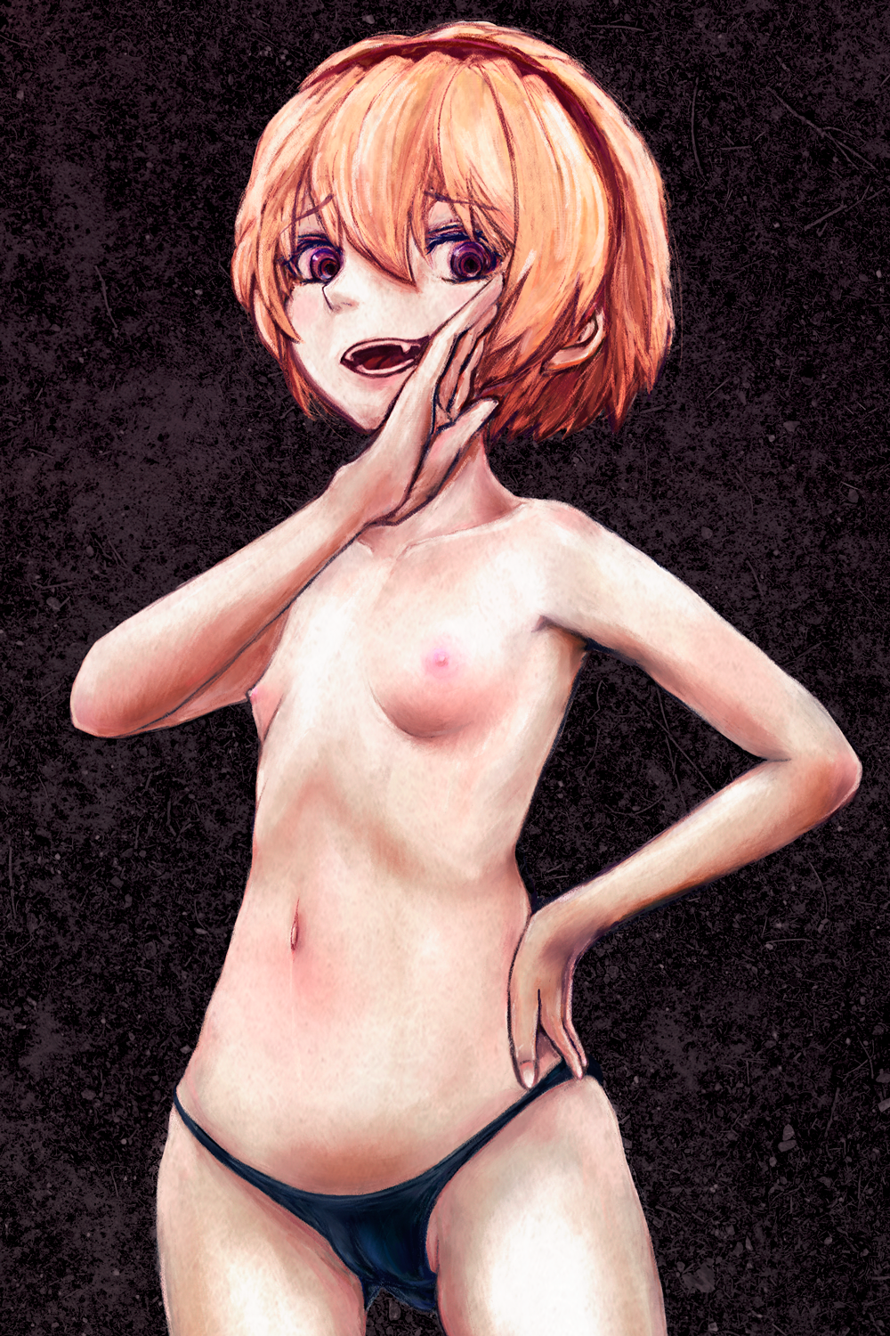 houjou satoko, higurashi no naku koro ni, black background, highres, 1girls, blonde hair, breasts, eiffingeri, hairband, navel, nipples, nude, panties, pink eyes, pussy outline, sharp teeth, small breasts, solo, solo female, young, 
